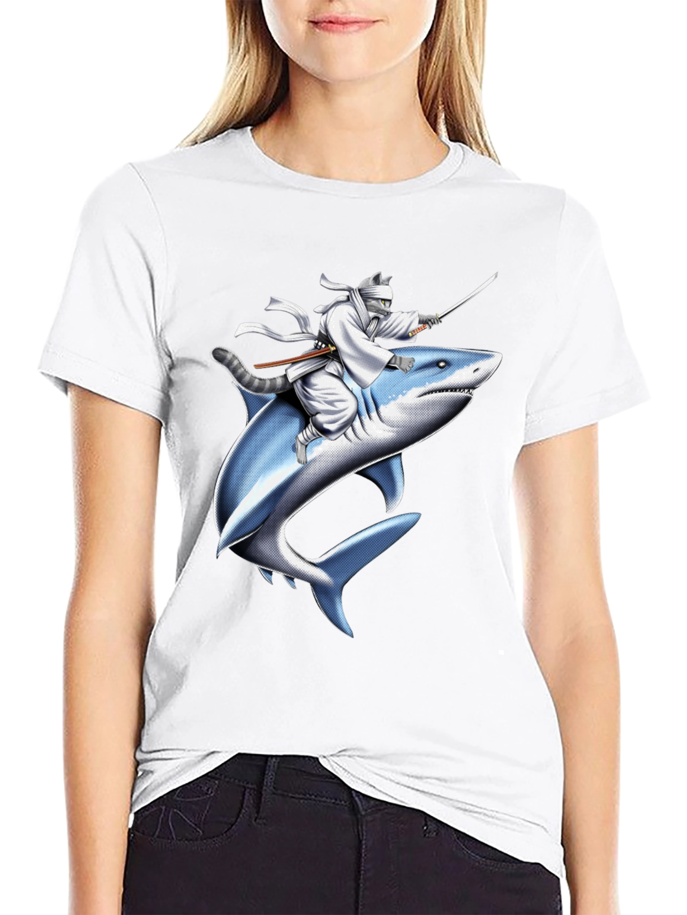 Ninja Cat Riding Shark T-Shirt