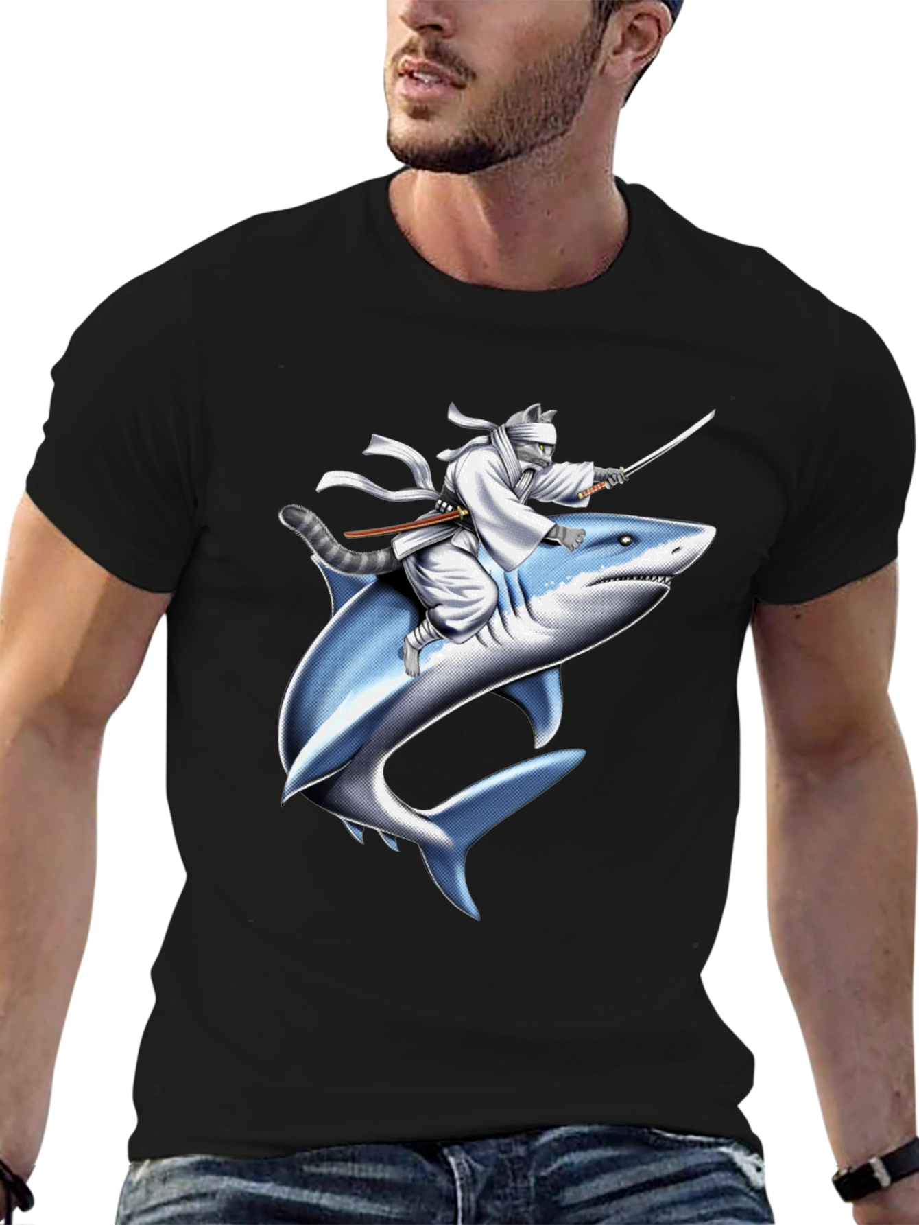 Ninja Cat Riding Shark T-Shirt