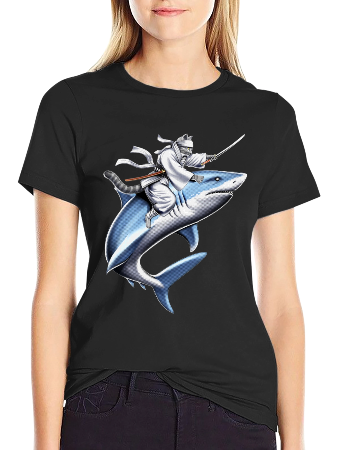 Ninja Cat Riding Shark T-Shirt