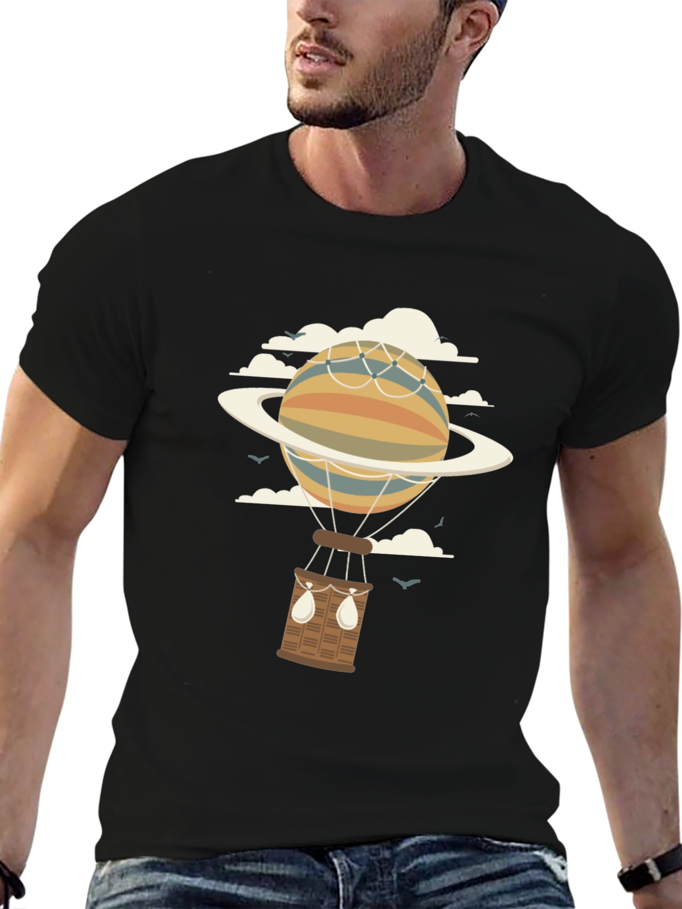 Retro Planet Hot Air Balloon Graphic T-Shirt