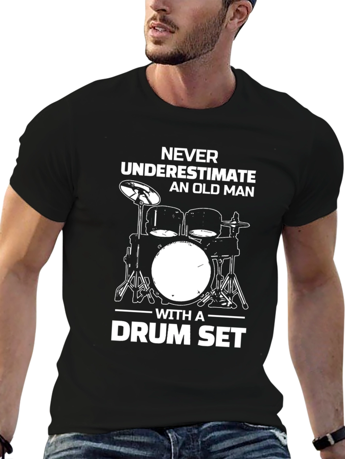 Never Underestimate Old Man Drum Set Black T-Shirt