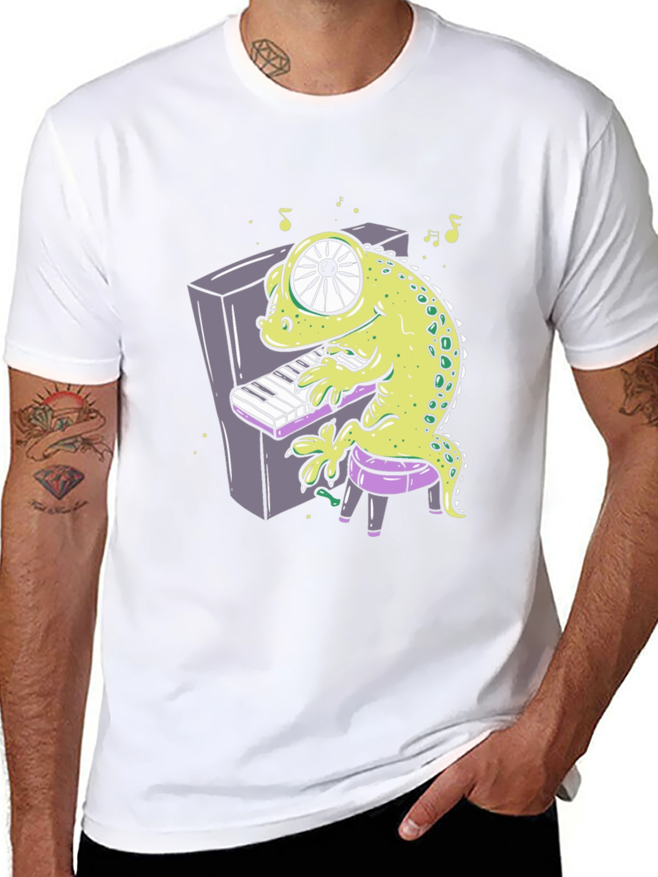 Cartoon Gecko Playing Piano Graphic Tee
