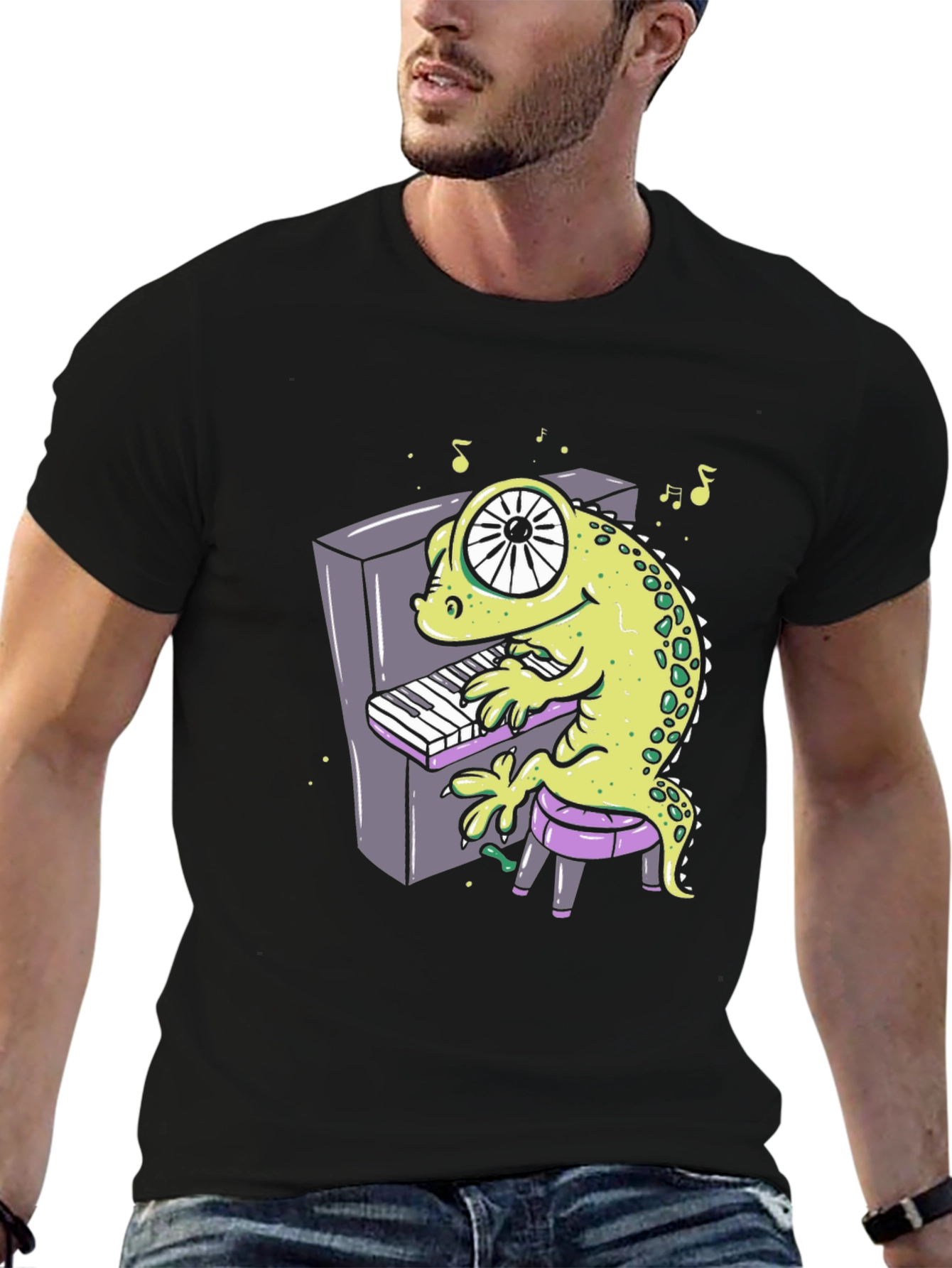 Cartoon Gecko Playing Piano Graphic Tee