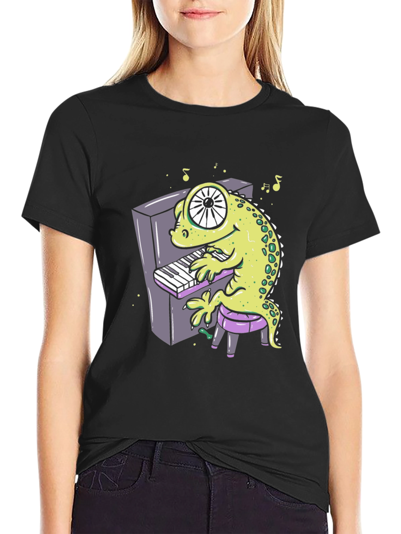 Cartoon Gecko Playing Piano Graphic Tee