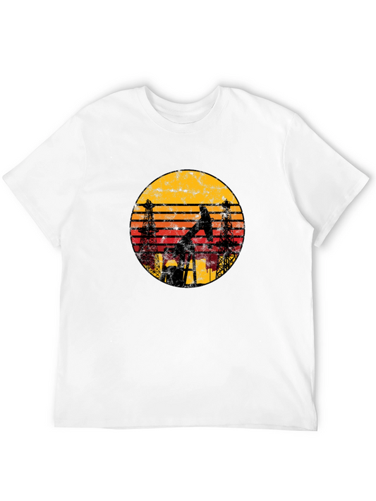 Vintage Oil Rig Sunset Graphic Tee - Black Cotton