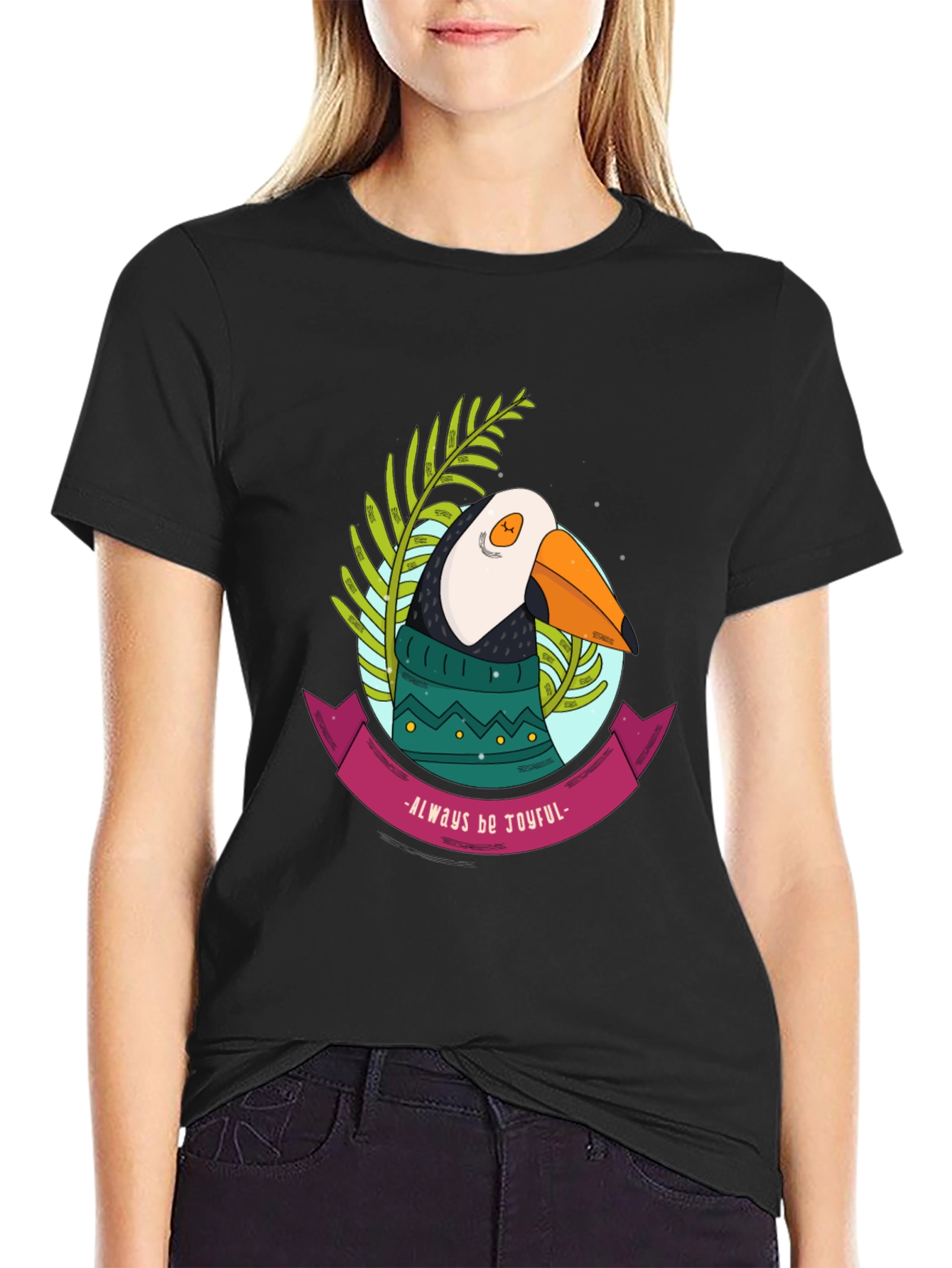 Joyful Puffin Graphic Tee - Black Cotton T-Shirt