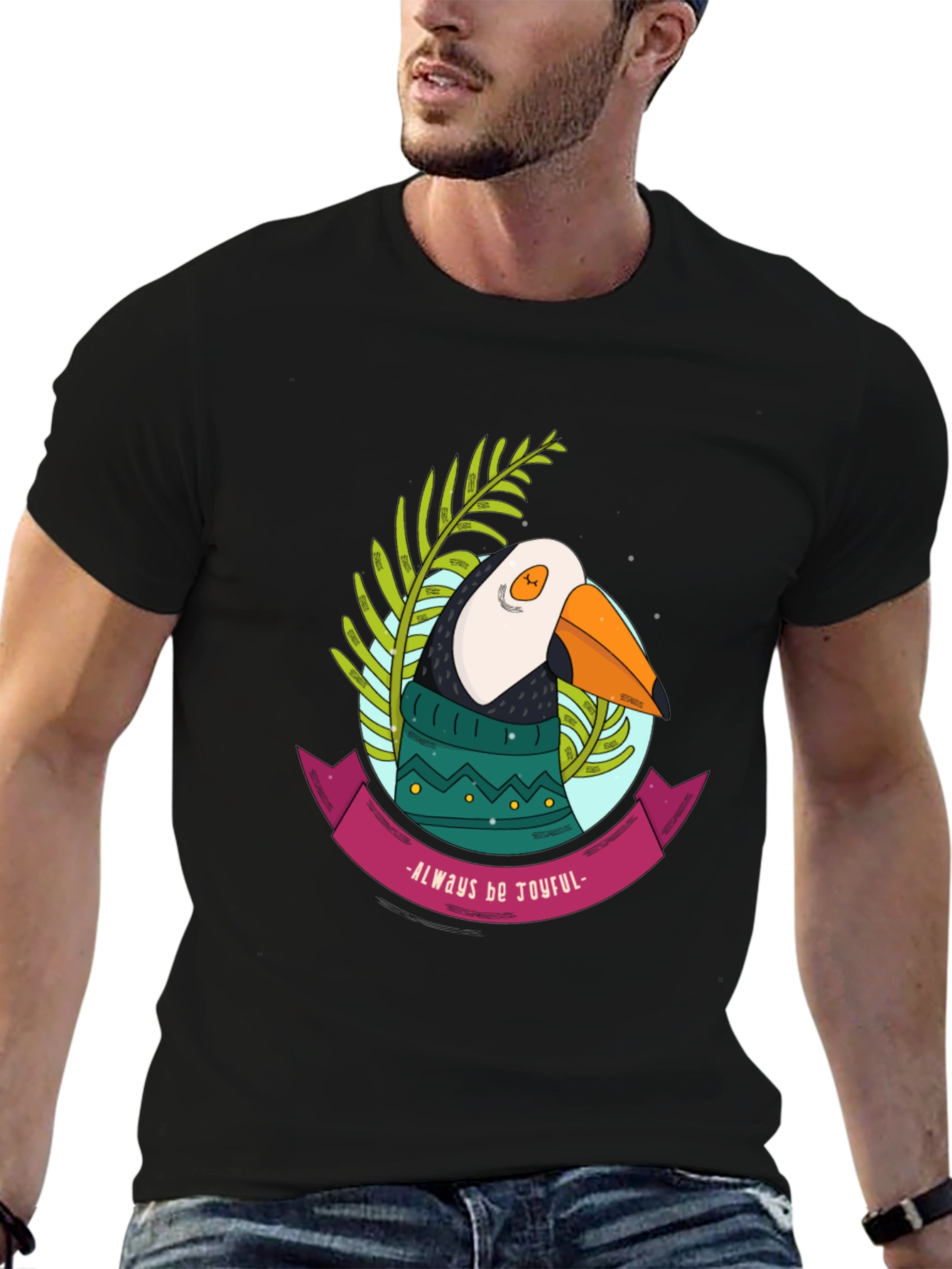 Joyful Puffin Graphic Tee - Black Cotton T-Shirt