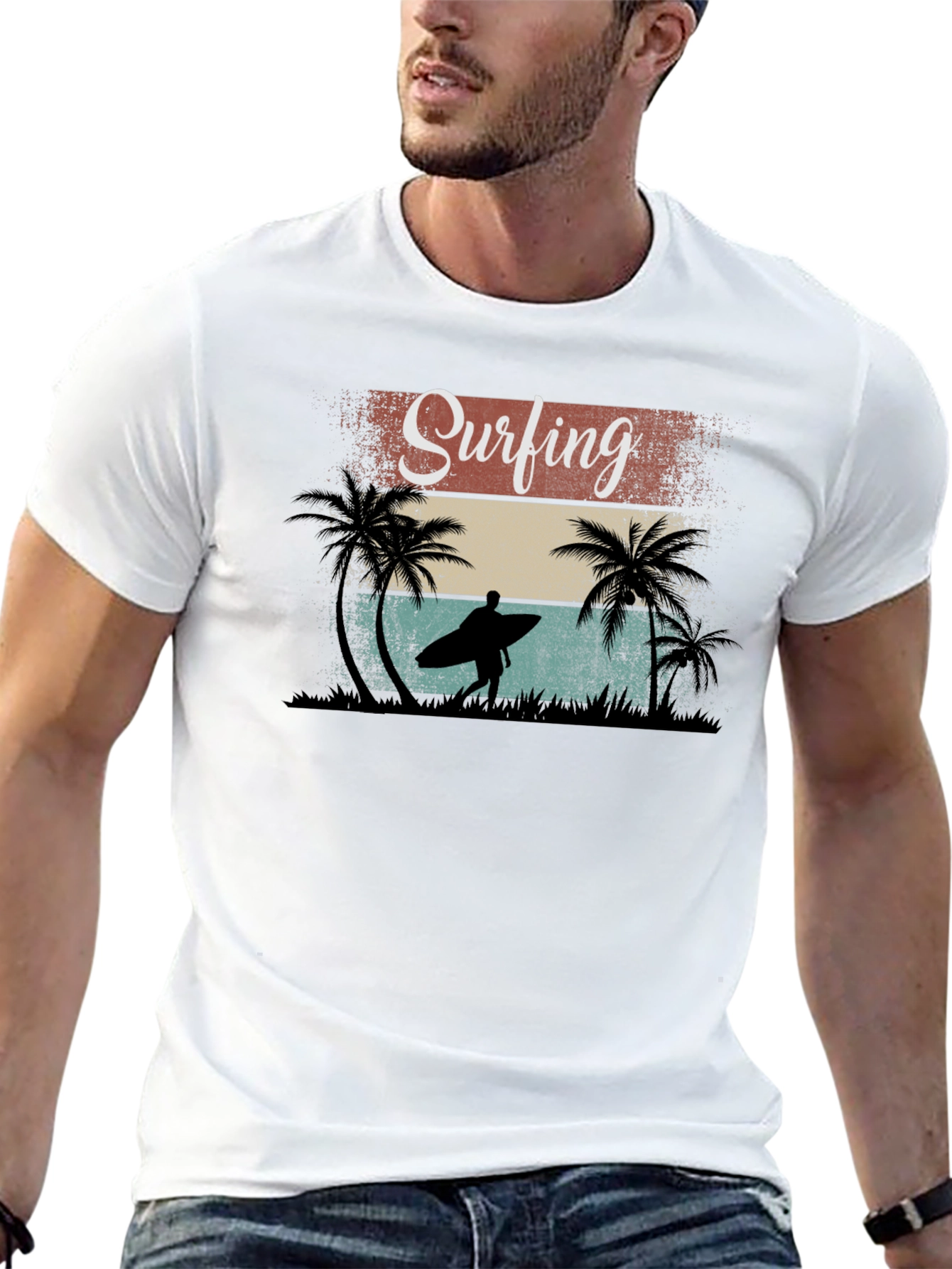 Surfing Retro Graphic Tee - Black Cotton T-Shirt
