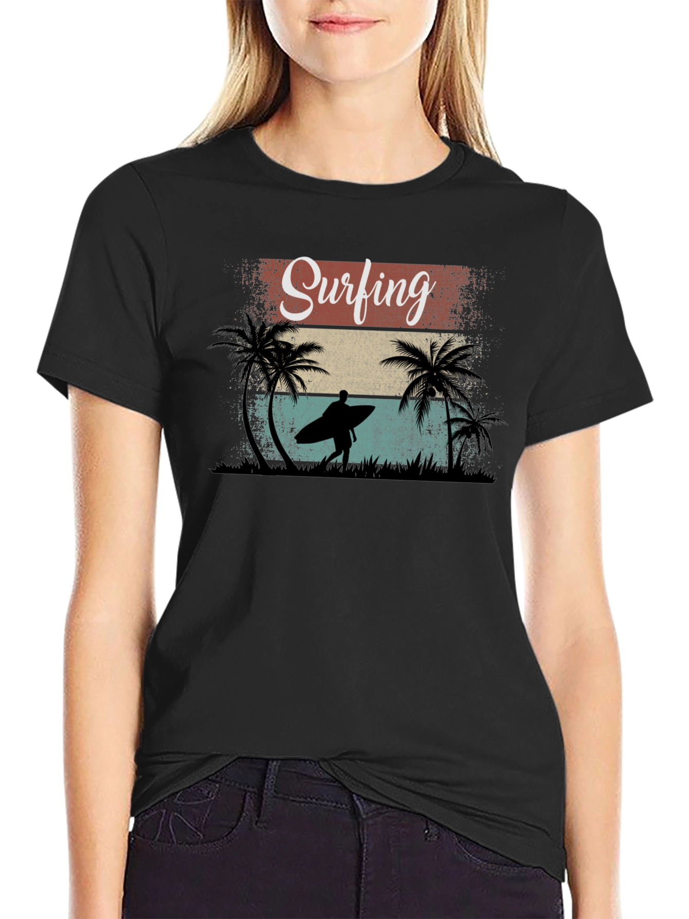 Surfing Retro Graphic Tee - Black Cotton T-Shirt