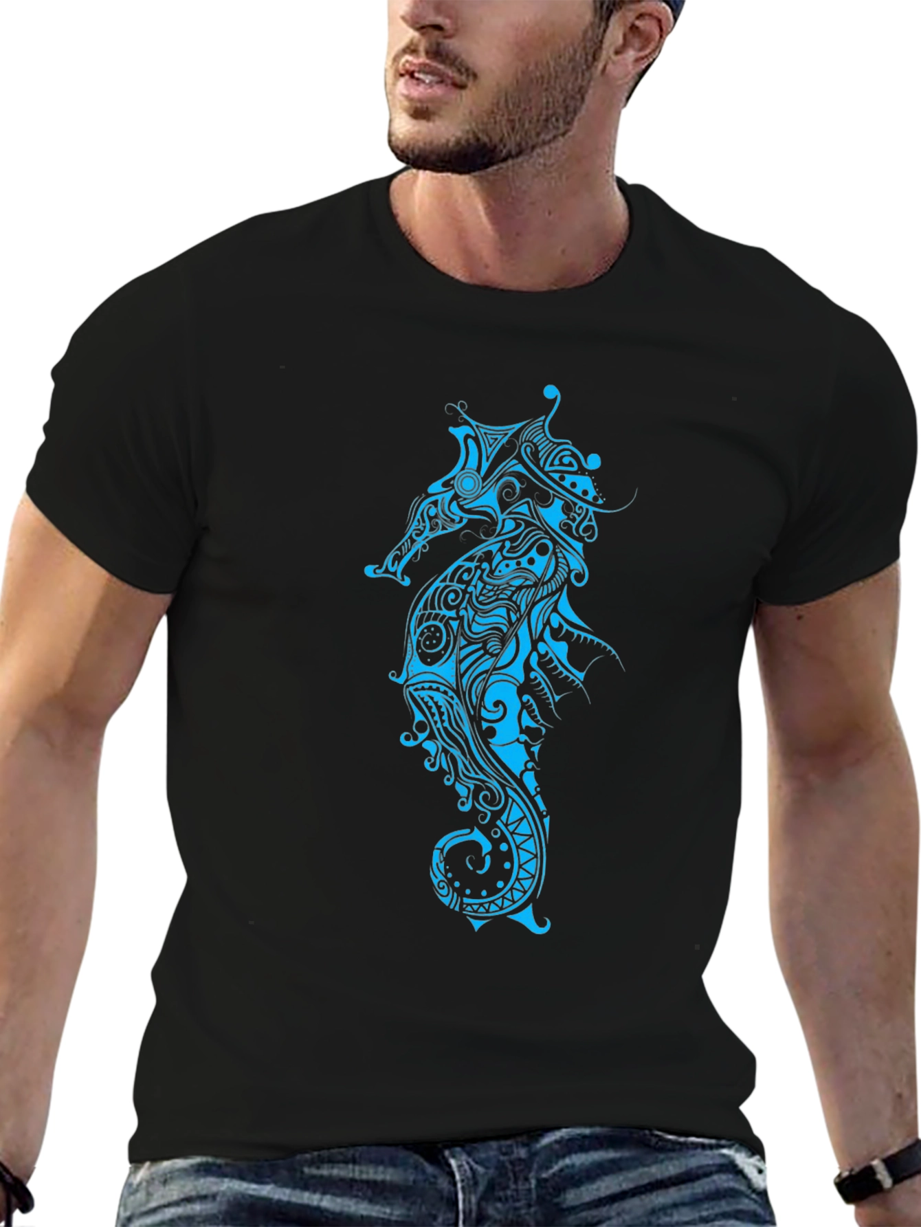 Tribal Seahorse Graphic Tee - Black Casual Shirt