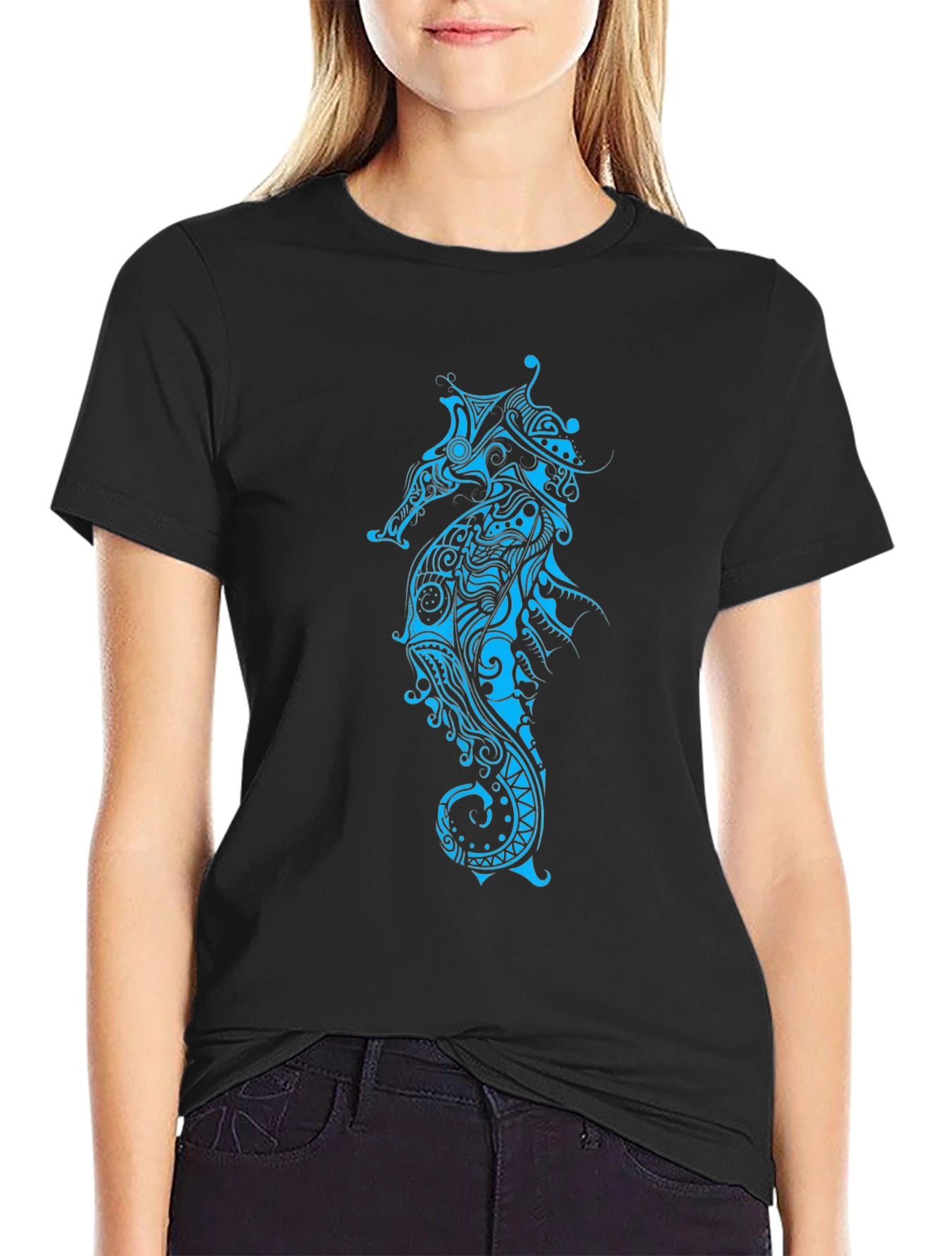 Tribal Seahorse Graphic Tee - Black Casual Shirt