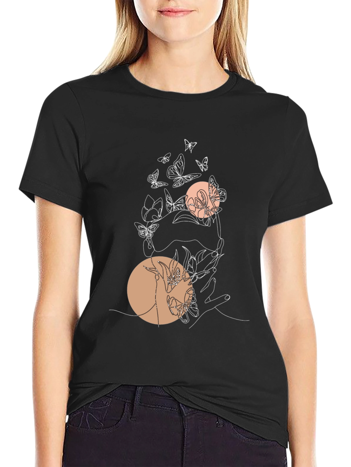 Abstract Butterfly Line Art Graphic Tee - Black