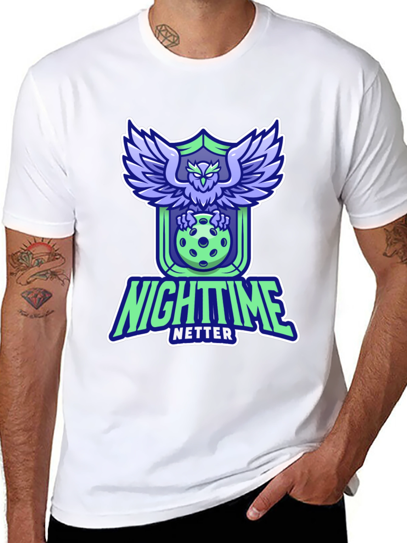 Nighttime Netter Graphic Tee - Owl Pickleball Design