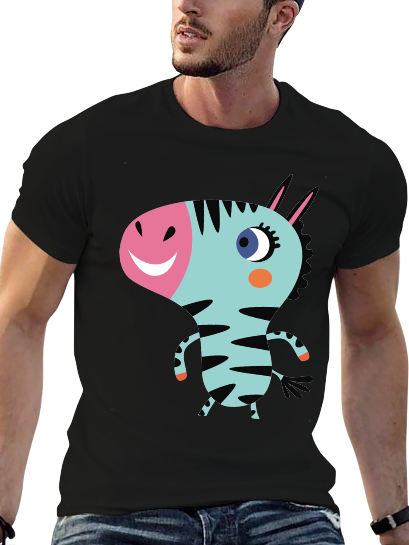 Cartoon Zebra Graphic Black T-Shirt