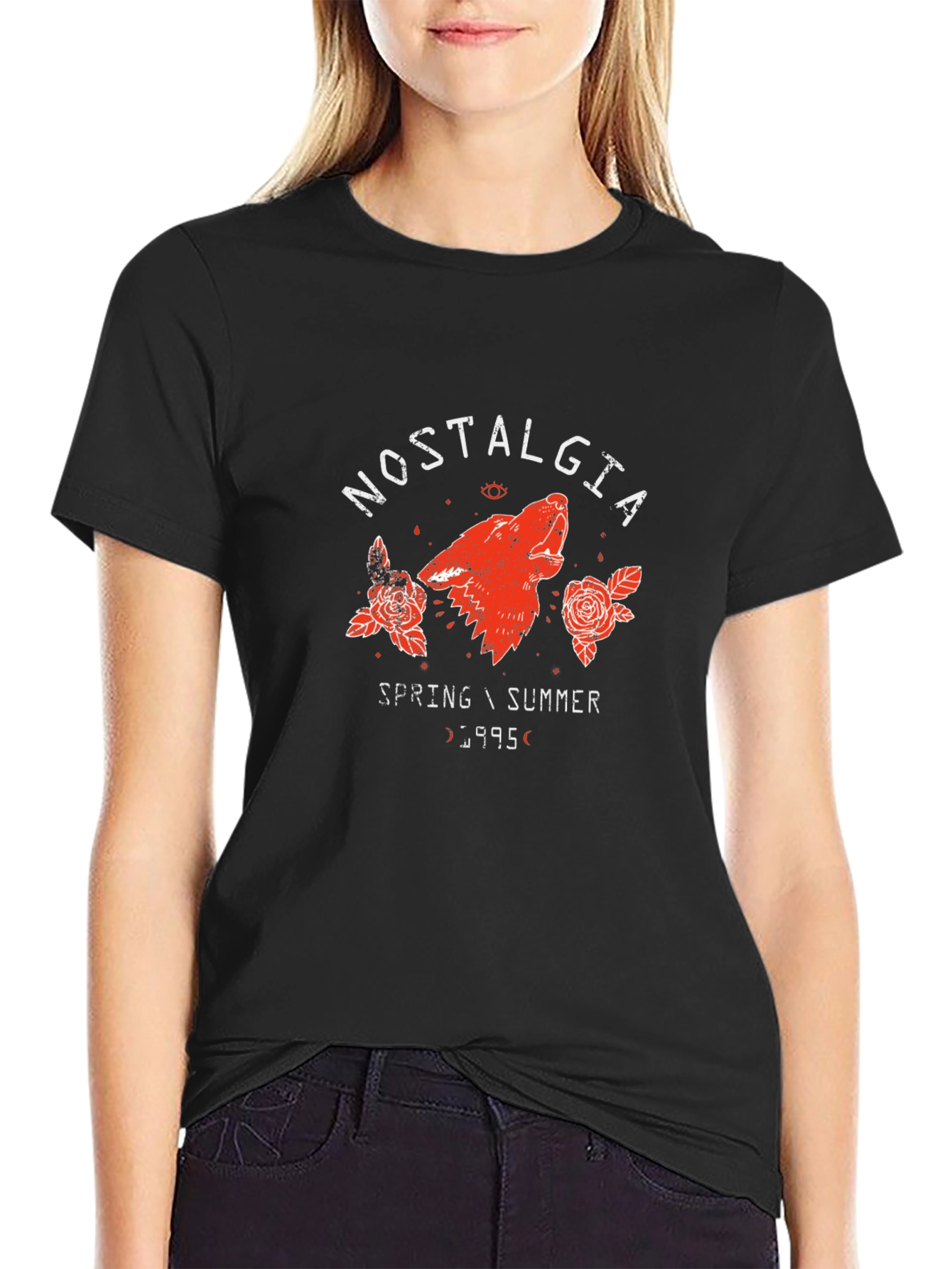 Nostalgia Wolf Graphic Print Black T-Shirt