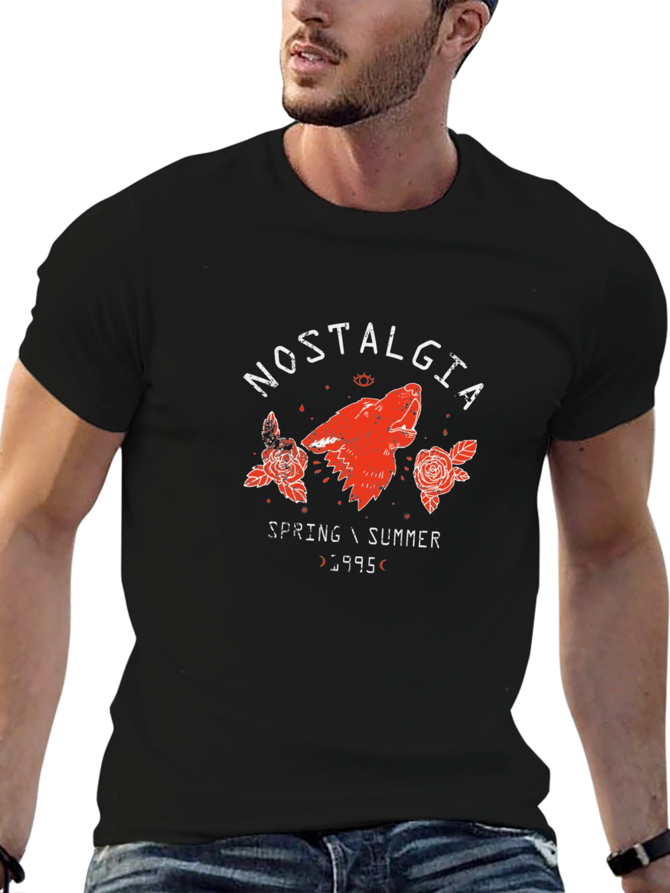 Nostalgia Wolf Graphic Print Black T-Shirt
