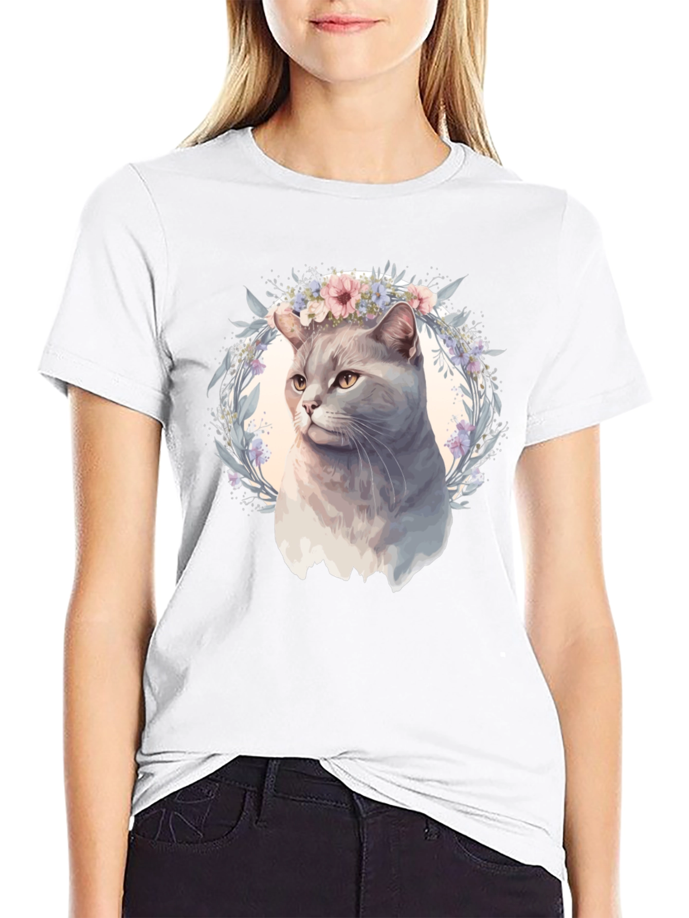 Cat with Floral Crown Graphic Tee