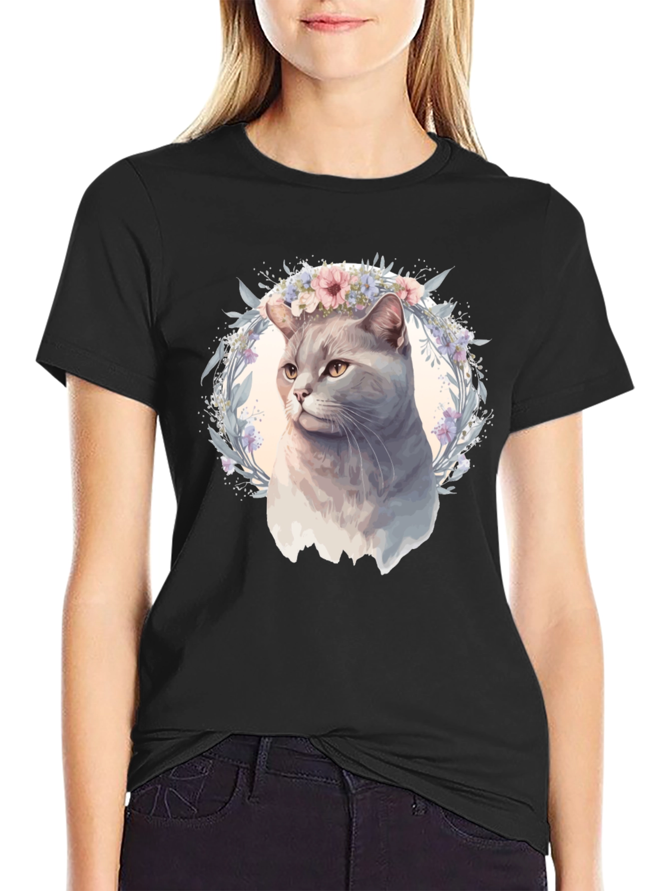 Cat with Floral Crown Graphic Tee