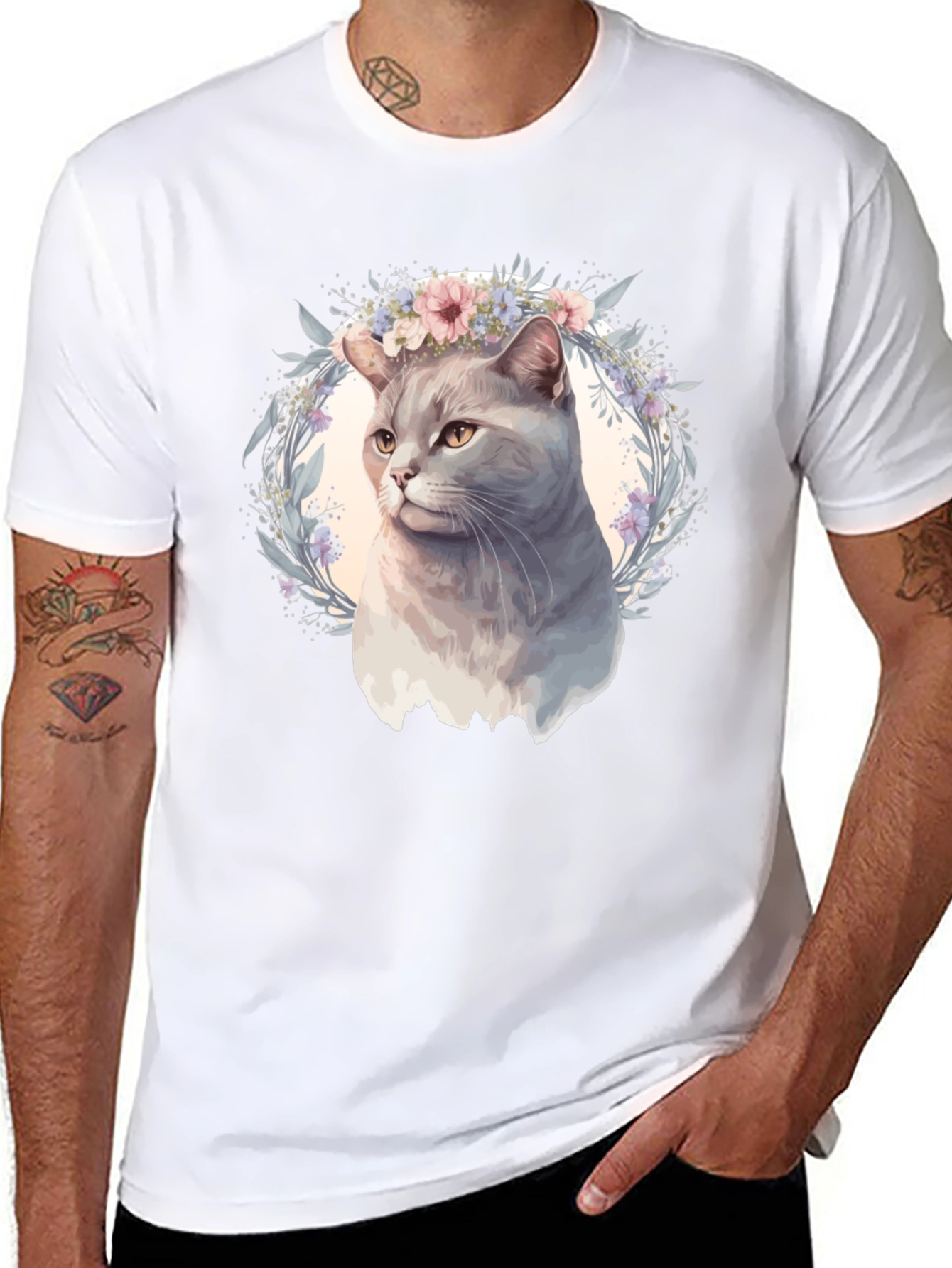 Cat with Floral Crown Graphic Tee