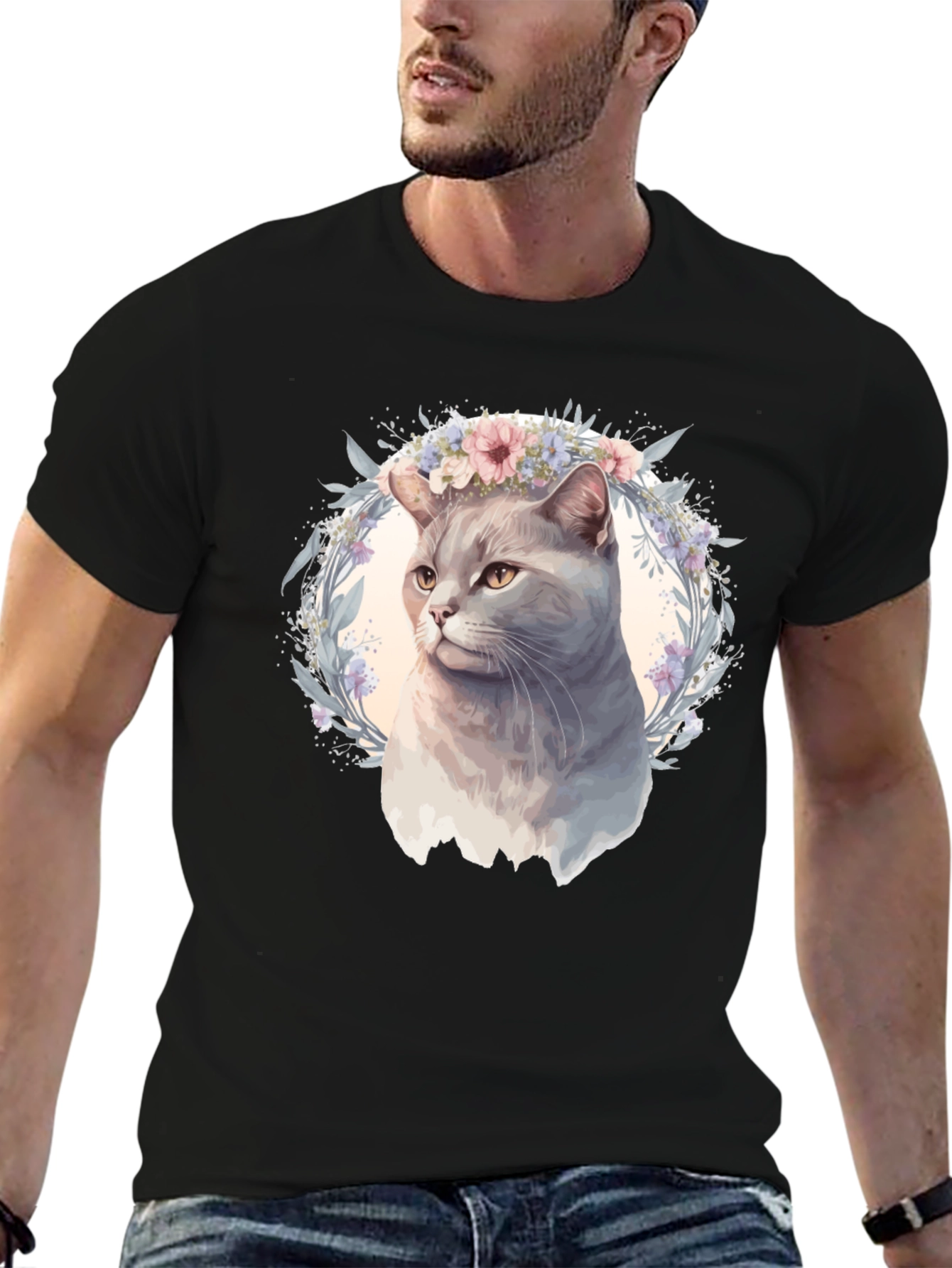 Cat with Floral Crown Graphic Tee