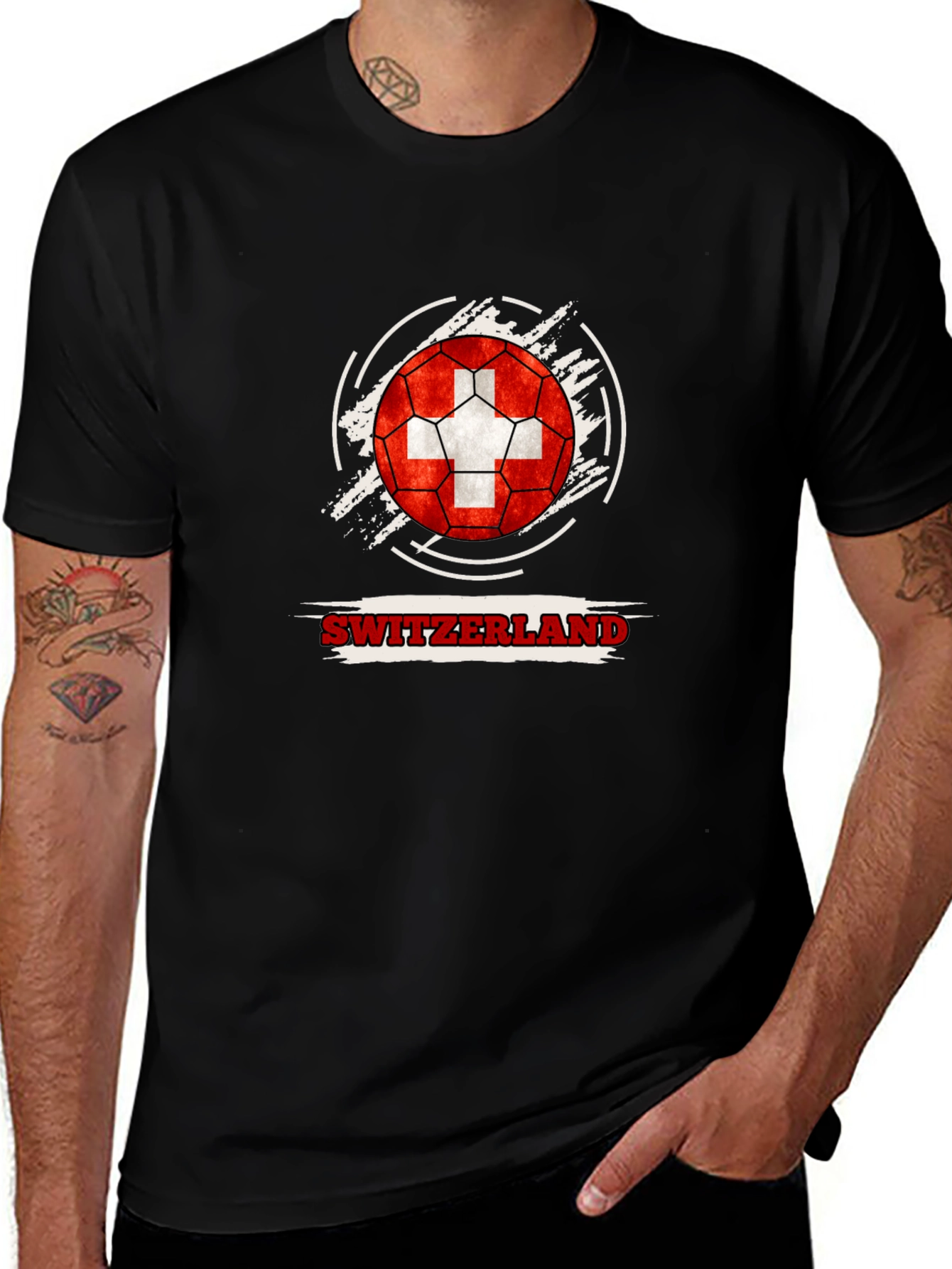 Switzerland Flag Soccer Ball Black T-Shirt