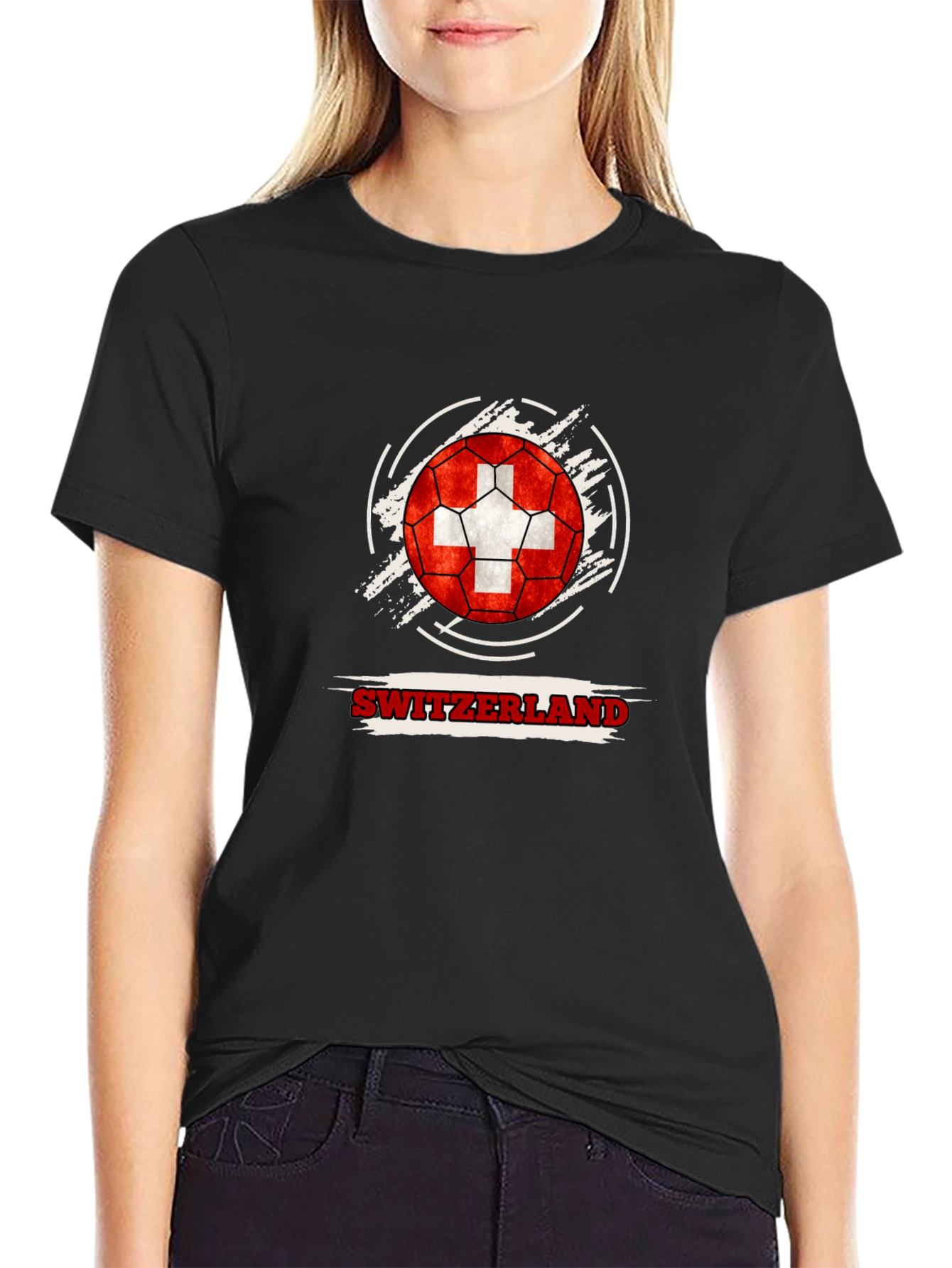Switzerland Flag Soccer Ball Black T-Shirt
