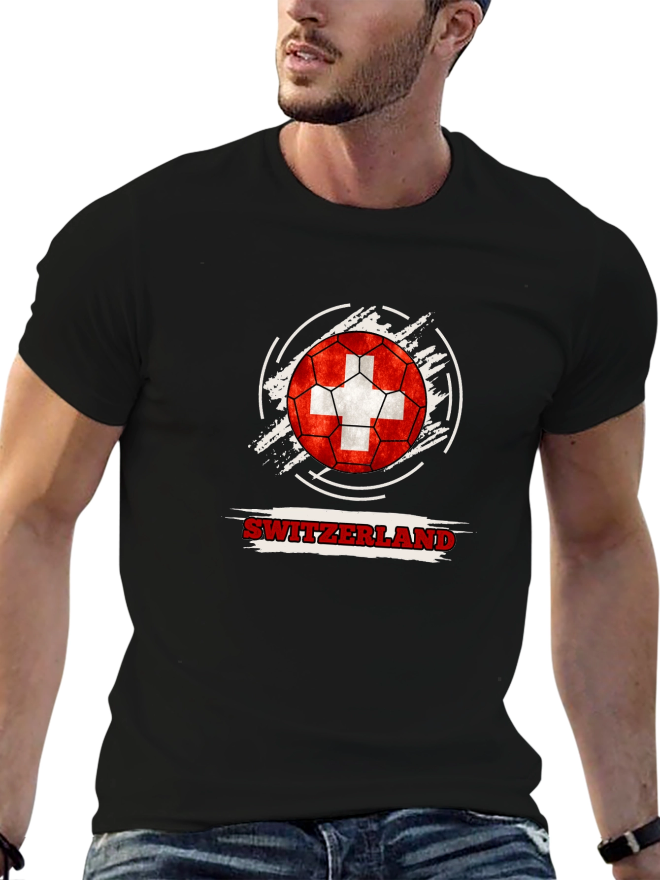 Switzerland Flag Soccer Ball Black T-Shirt