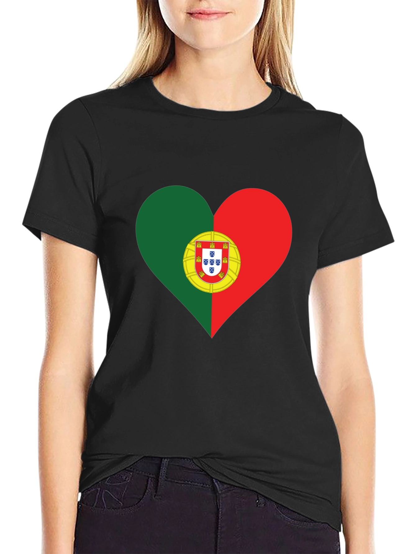 Portugal Flag Heart T-Shirt - Black Tee