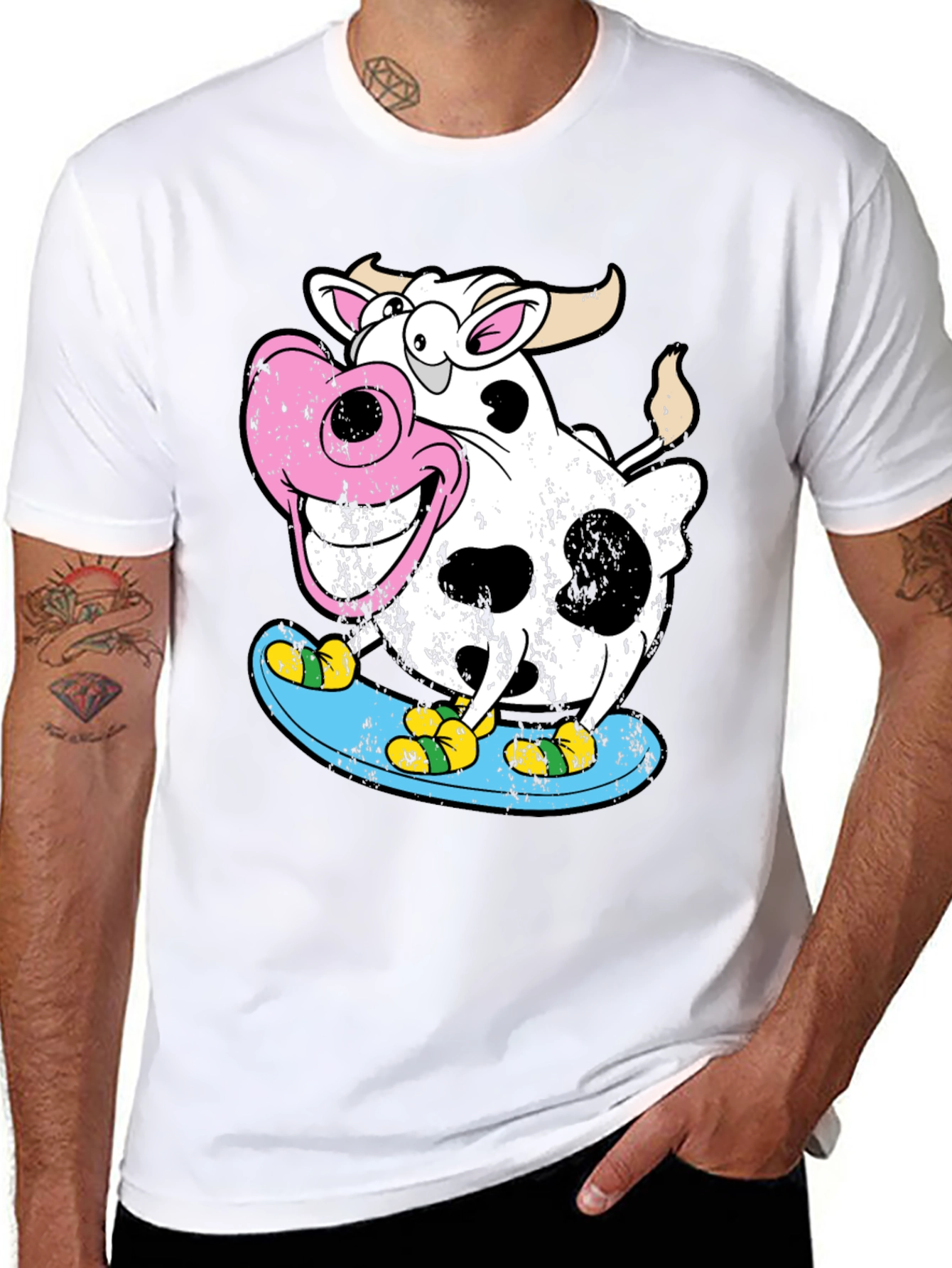 Cow Skateboarder Graphic Tee - Cool Cartoon Design