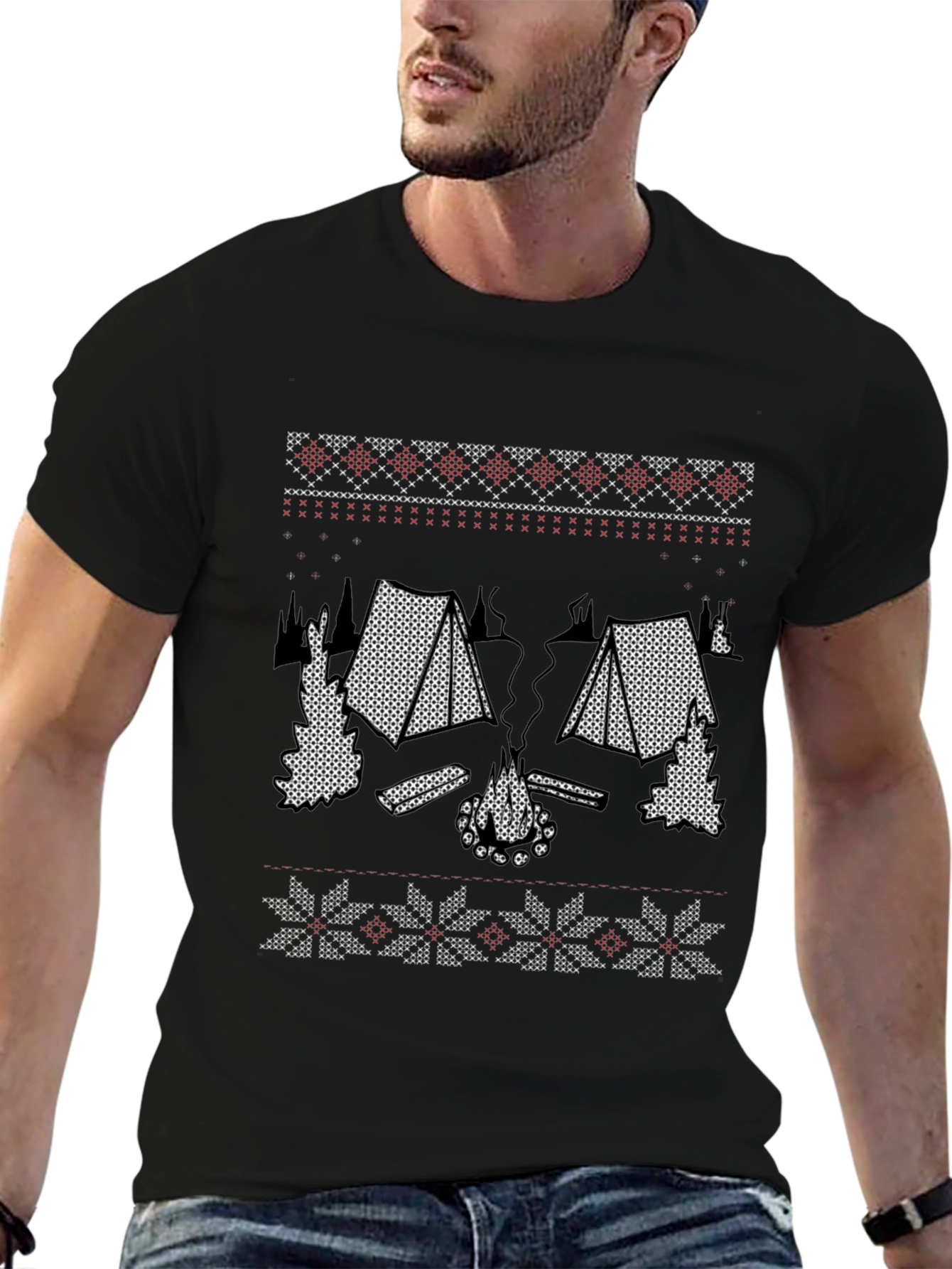Camping Knit T-Shirt - Cozy Campfire Design
