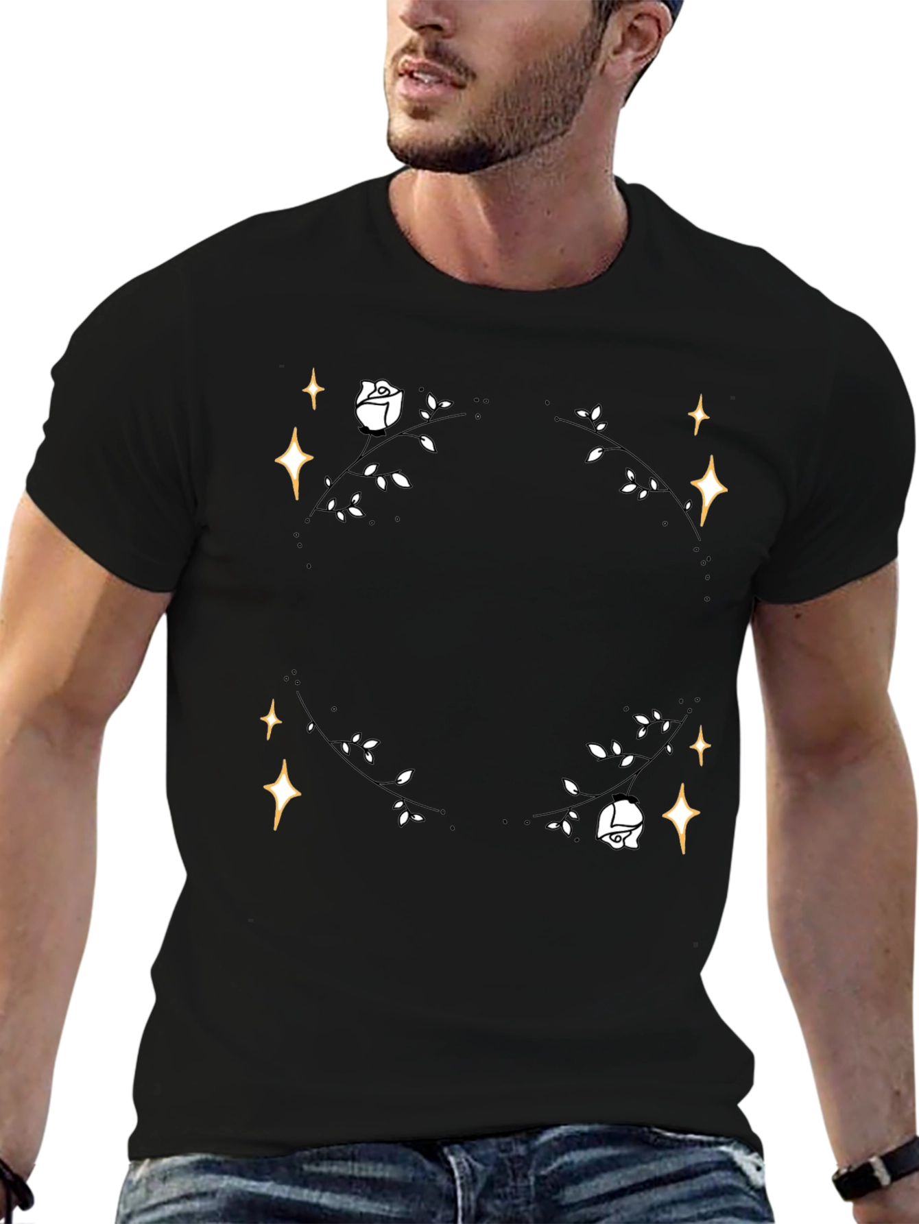 Floral Star T-Shirt - Black Cotton Graphic Tee