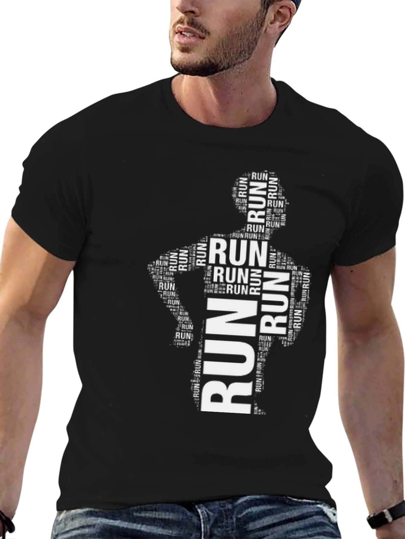 Mens Run Word Art Black T-Shirt
