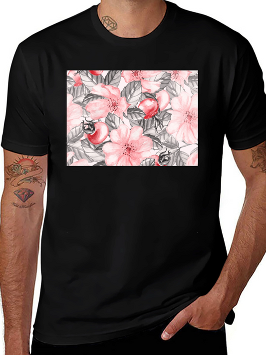 Floral Rose Hip Print Black T-Shirt