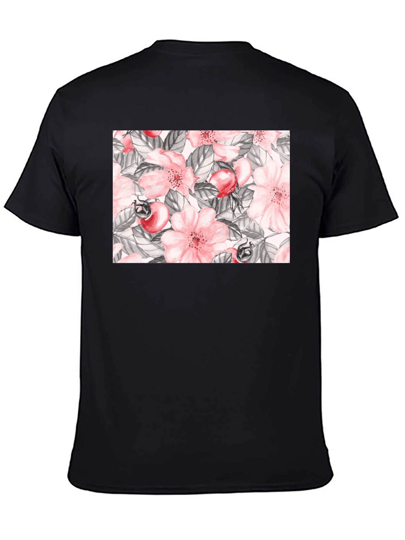 Floral Rose Hip Print Black T-Shirt