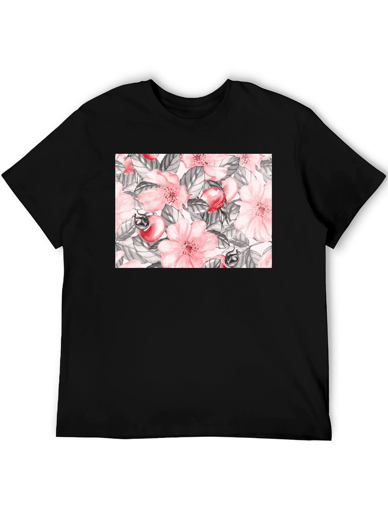 Floral Rose Hip Print Black T-Shirt