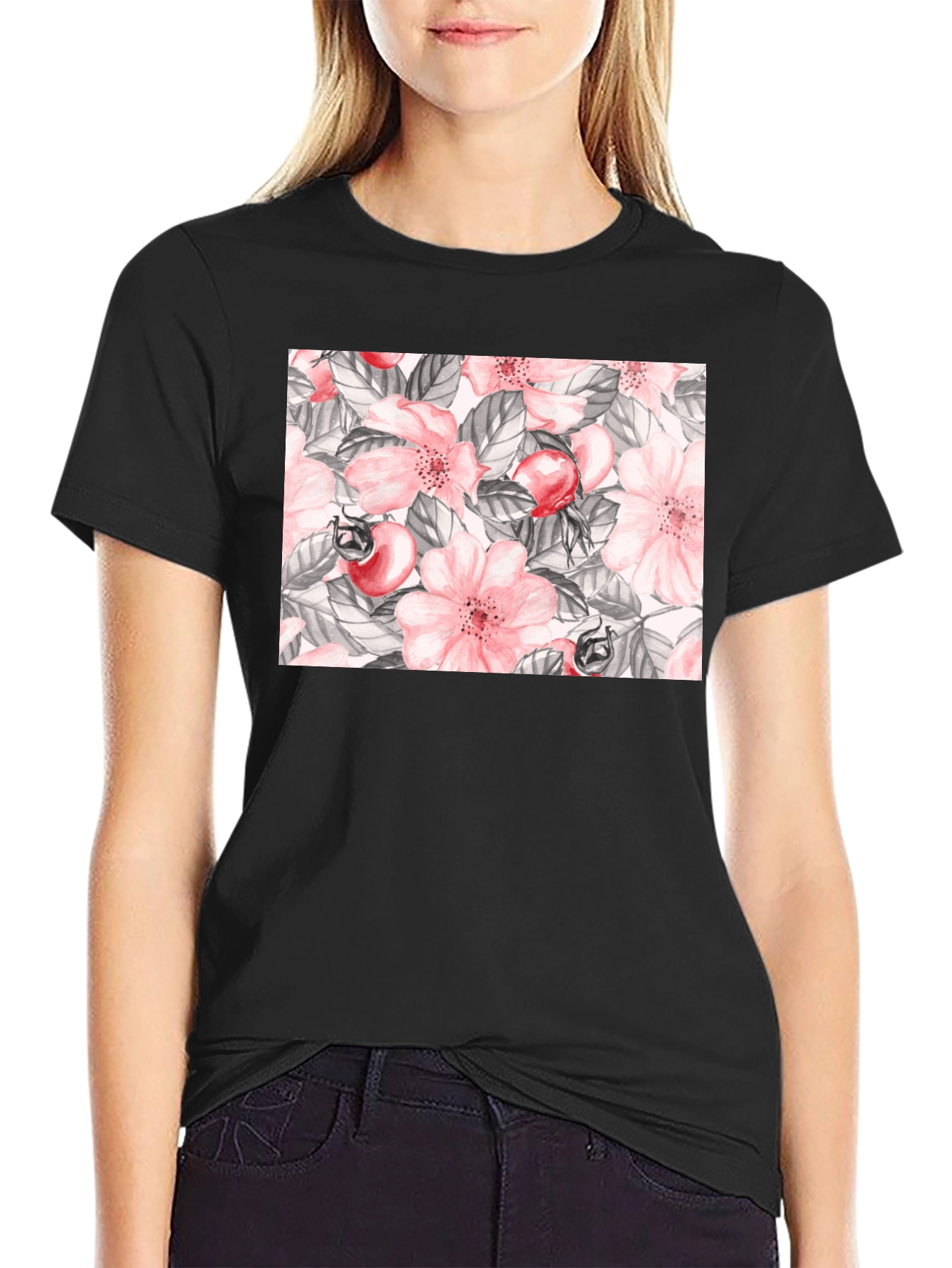Floral Rose Hip Print Black T-Shirt