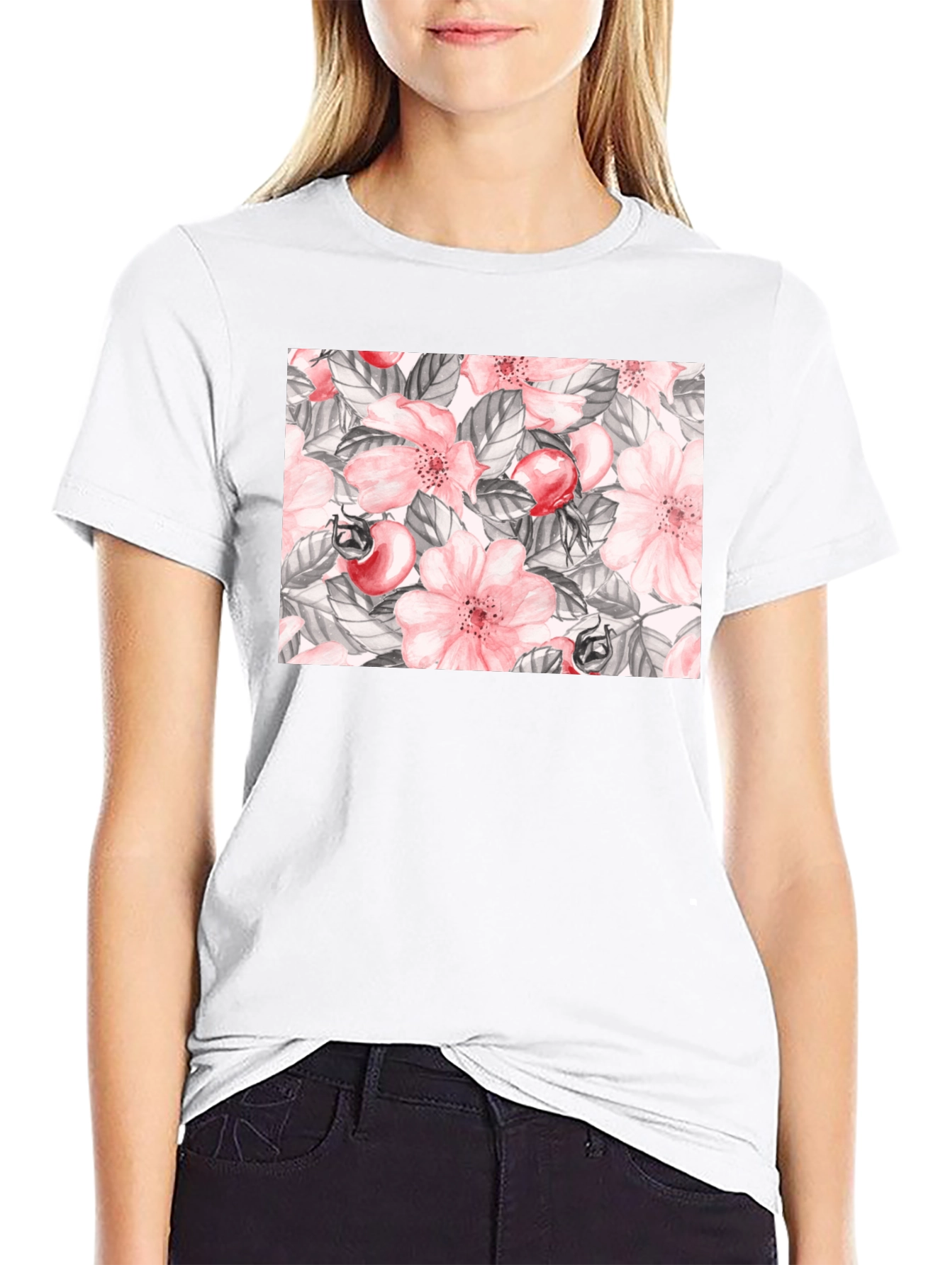 Floral Rose Hip Print Black T-Shirt