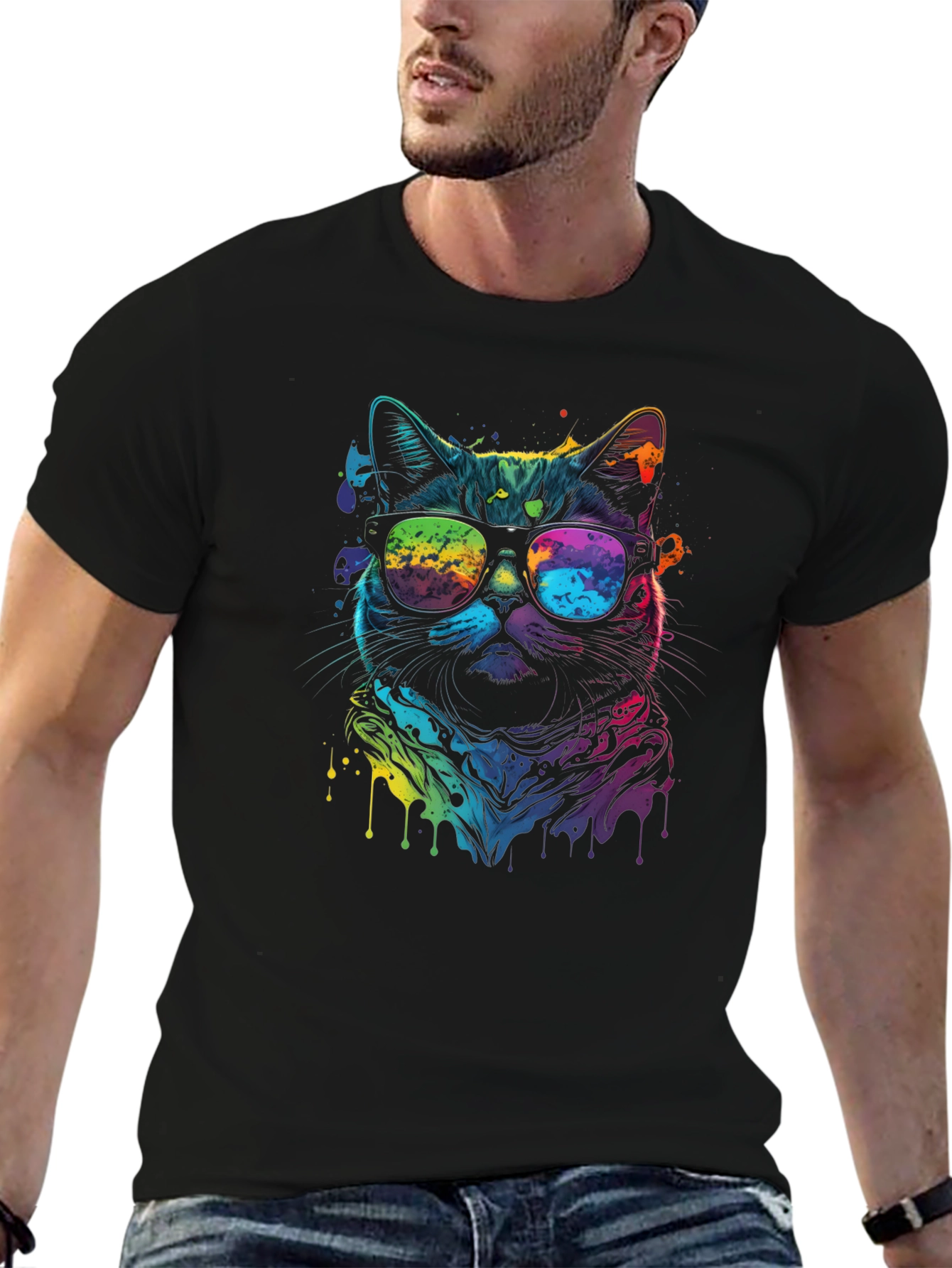Cool Cat Tee - Vibrant Rainbow Graphic