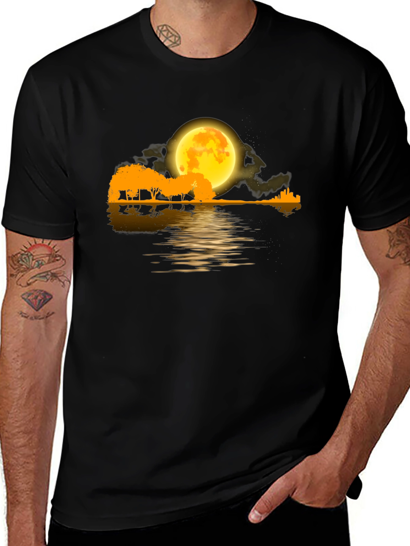 Moonlit Guitar Landscape Black T-Shirt