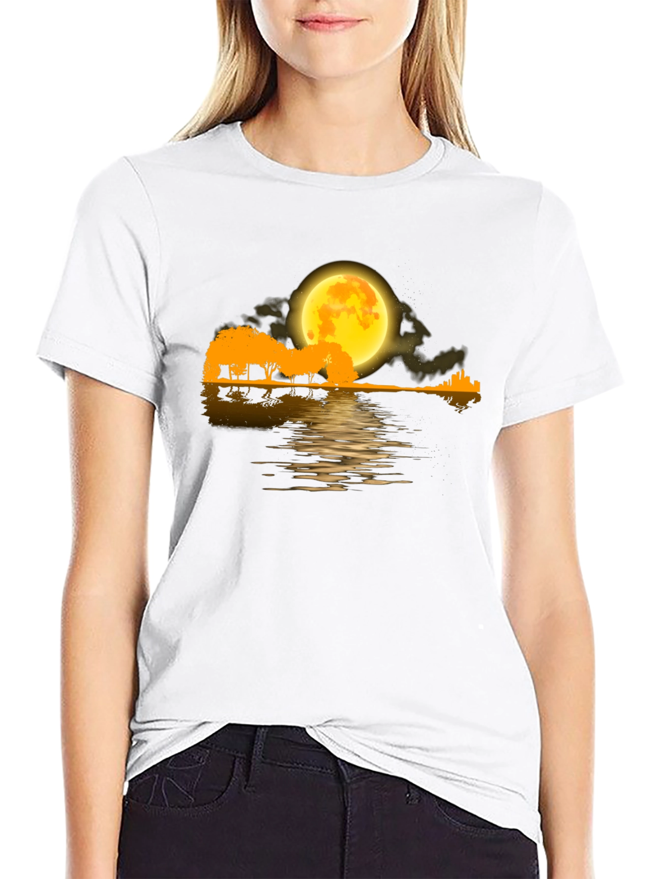 Moonlit Guitar Landscape Black T-Shirt