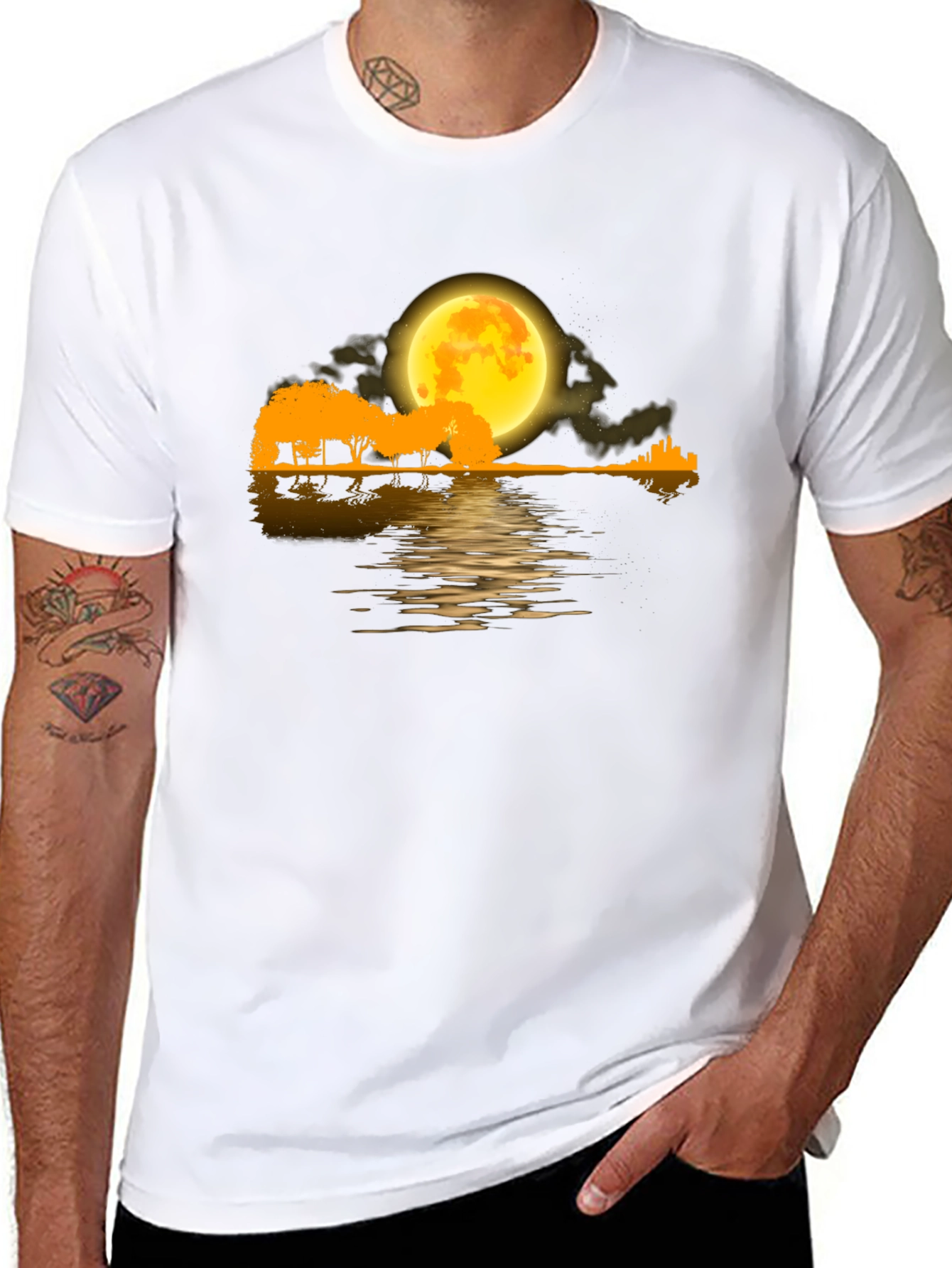 Moonlit Guitar Landscape Black T-Shirt