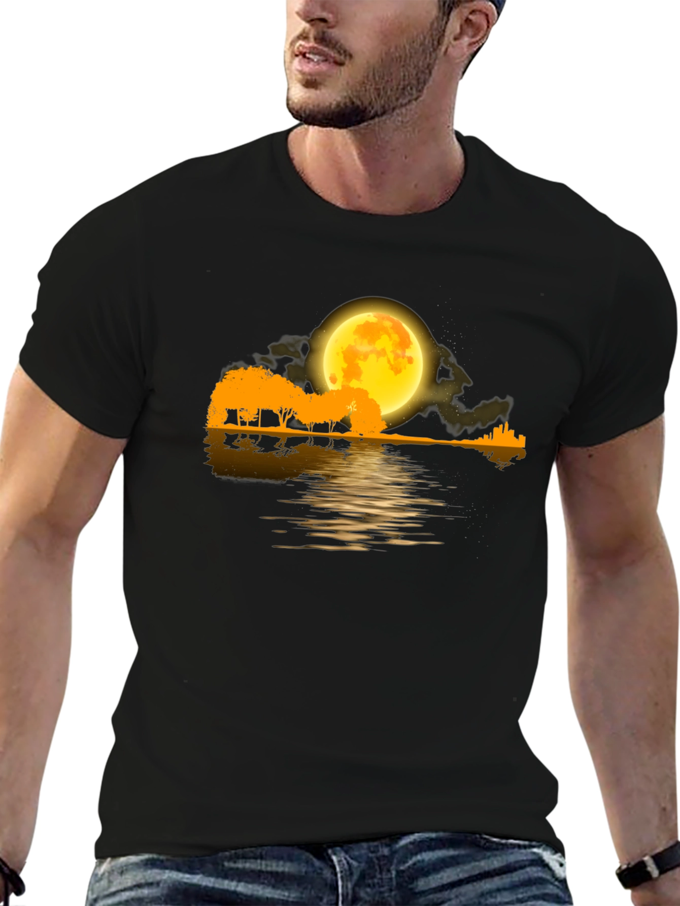 Moonlit Guitar Landscape Black T-Shirt