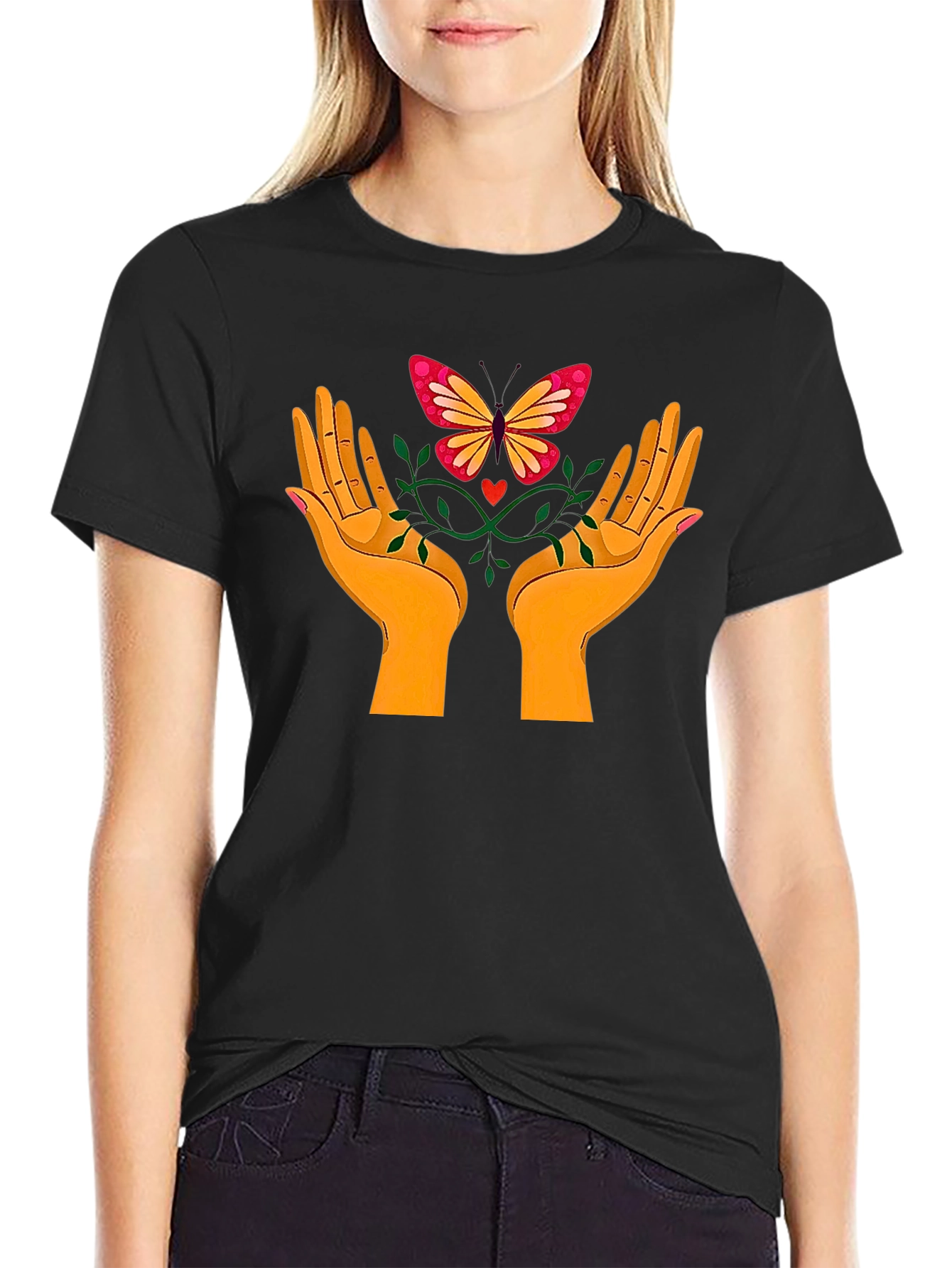 Butterfly Hands Graphic Tee - Black Cotton T-Shirt