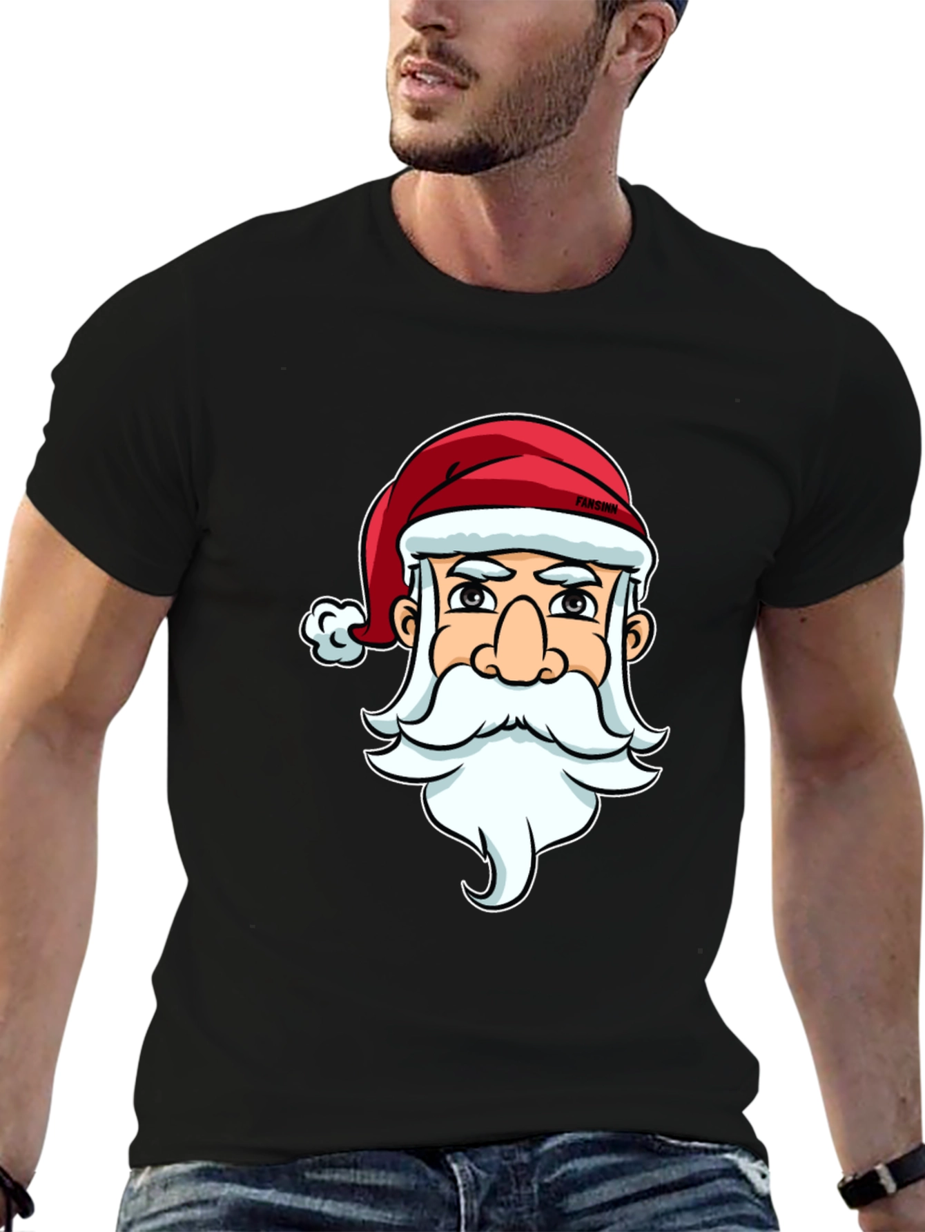Santa Claus Cartoon Graphic Print Black T-Shirt