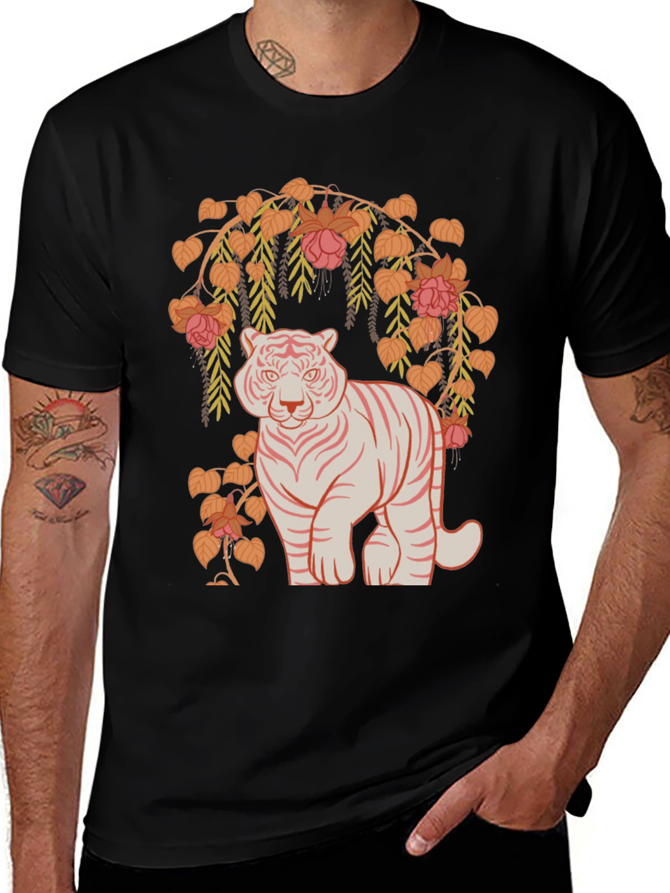 Tiger and Floral Graphic Tee - Black