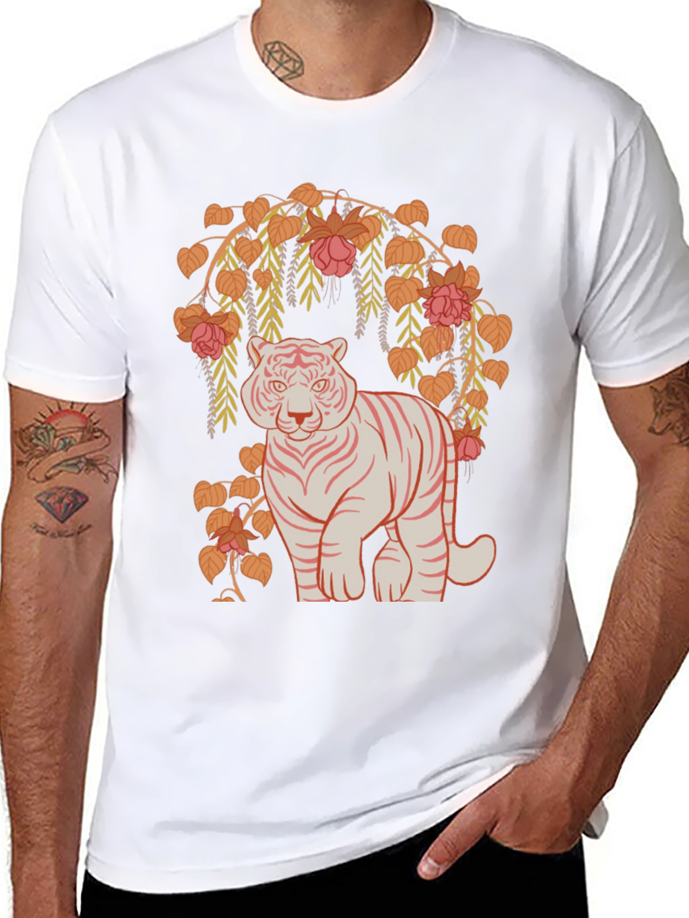 Tiger and Floral Graphic Tee - Black