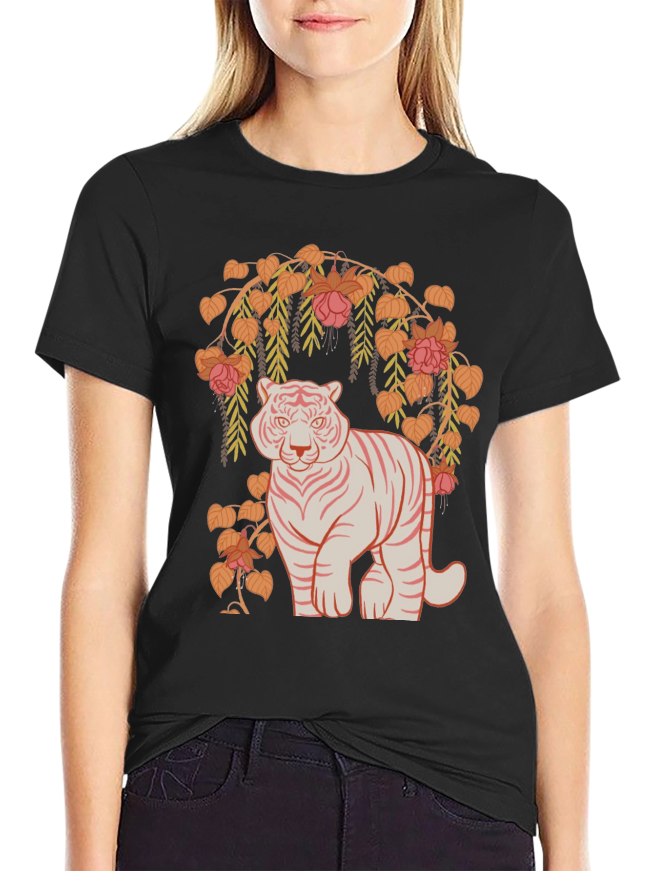 Tiger and Floral Graphic Tee - Black