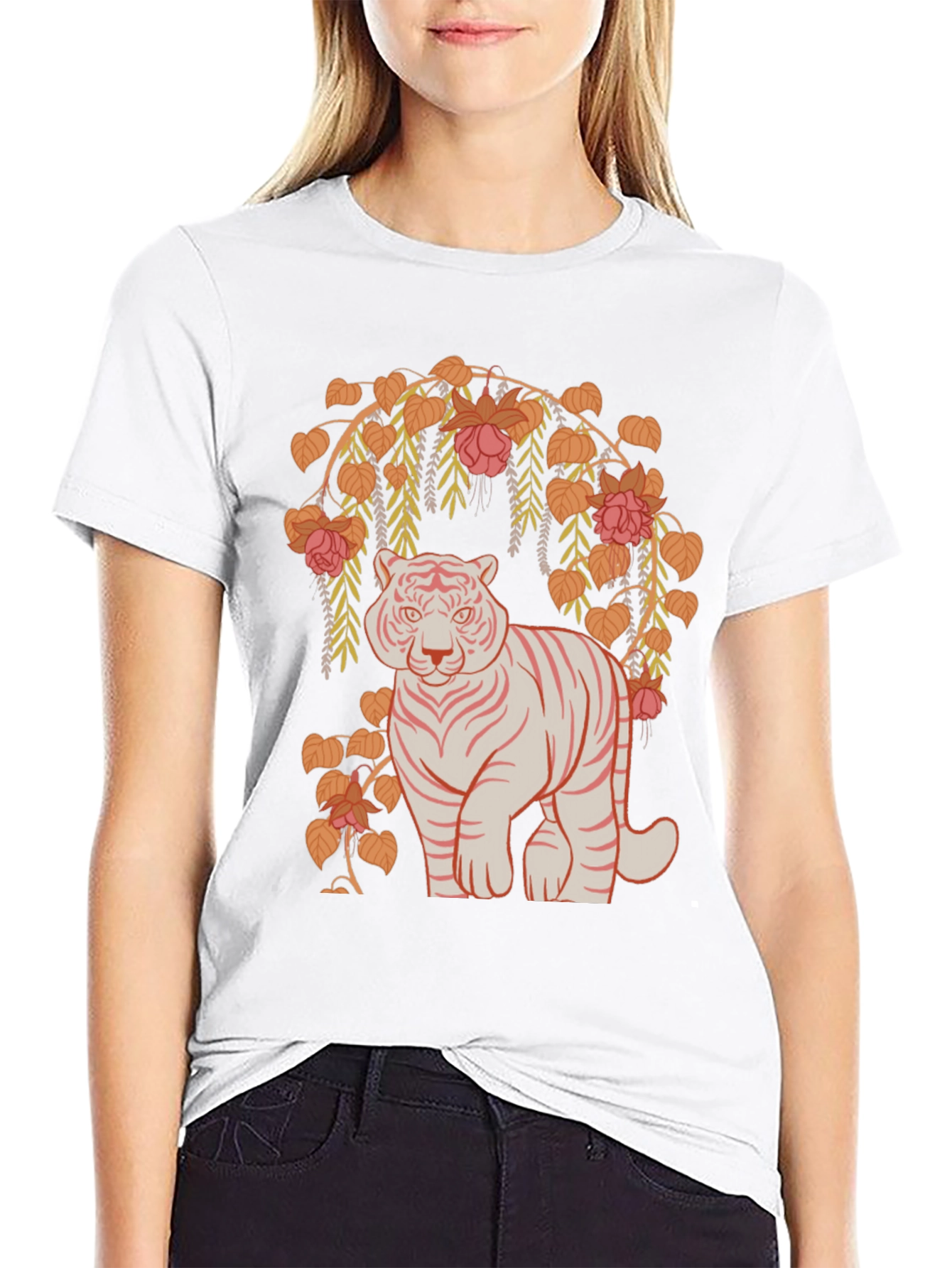 Tiger and Floral Graphic Tee - Black