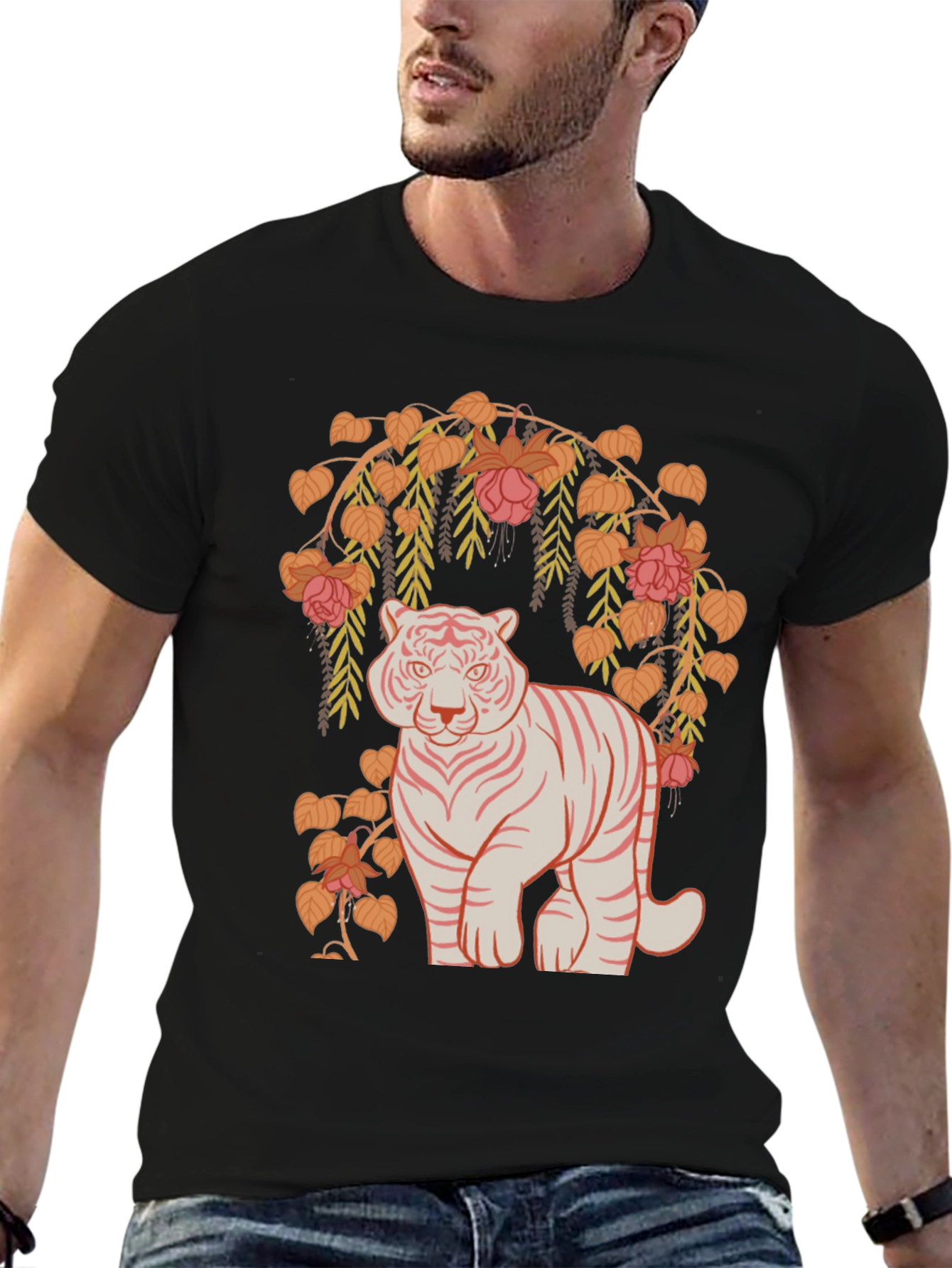 Tiger and Floral Graphic Tee - Black