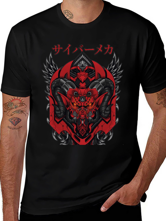 Cyber Mecha Demon Graphic Tee - Black